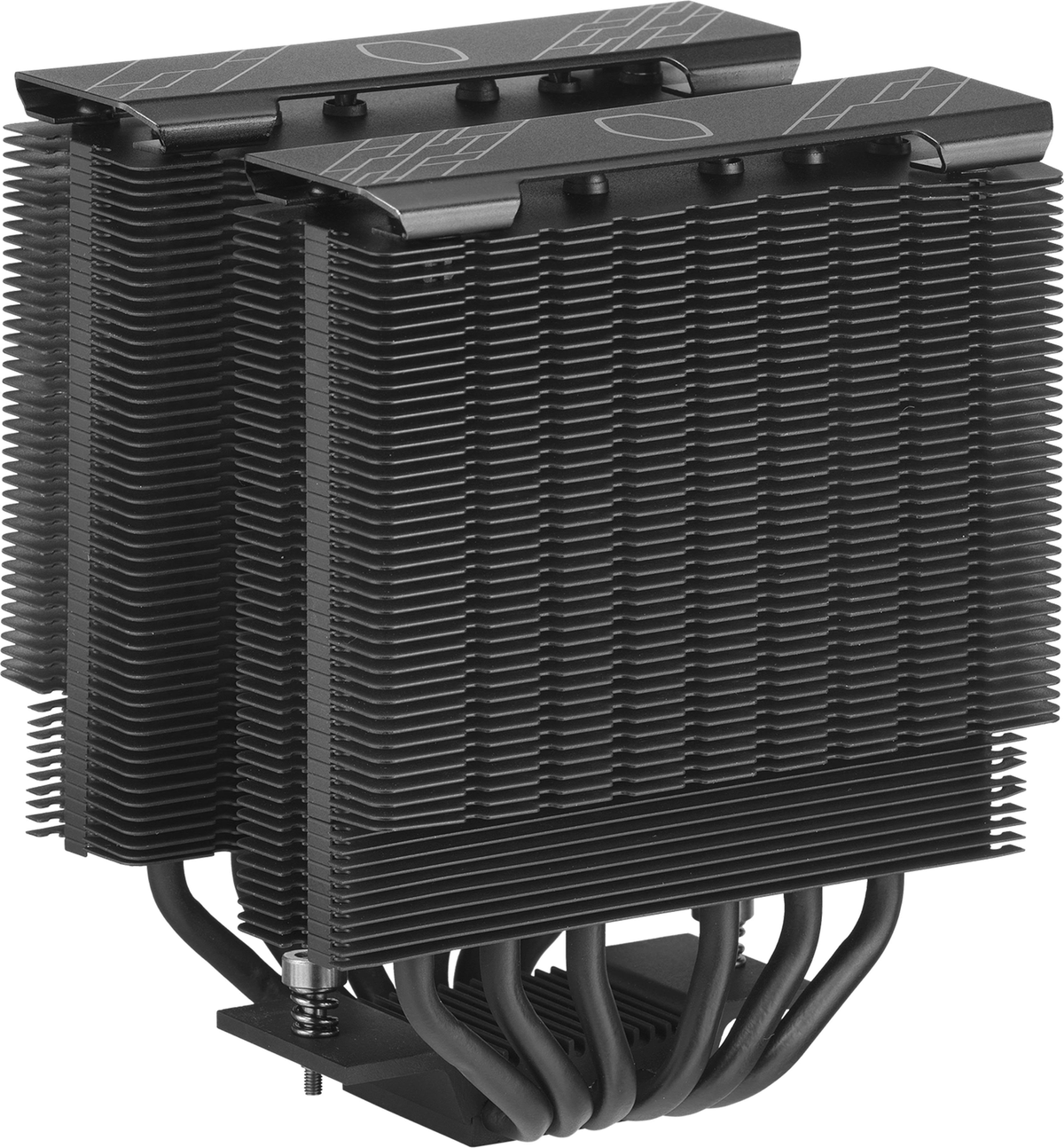 Dissipatore CPU nero con due pile di alette e heat pipe. Schema colori nero.