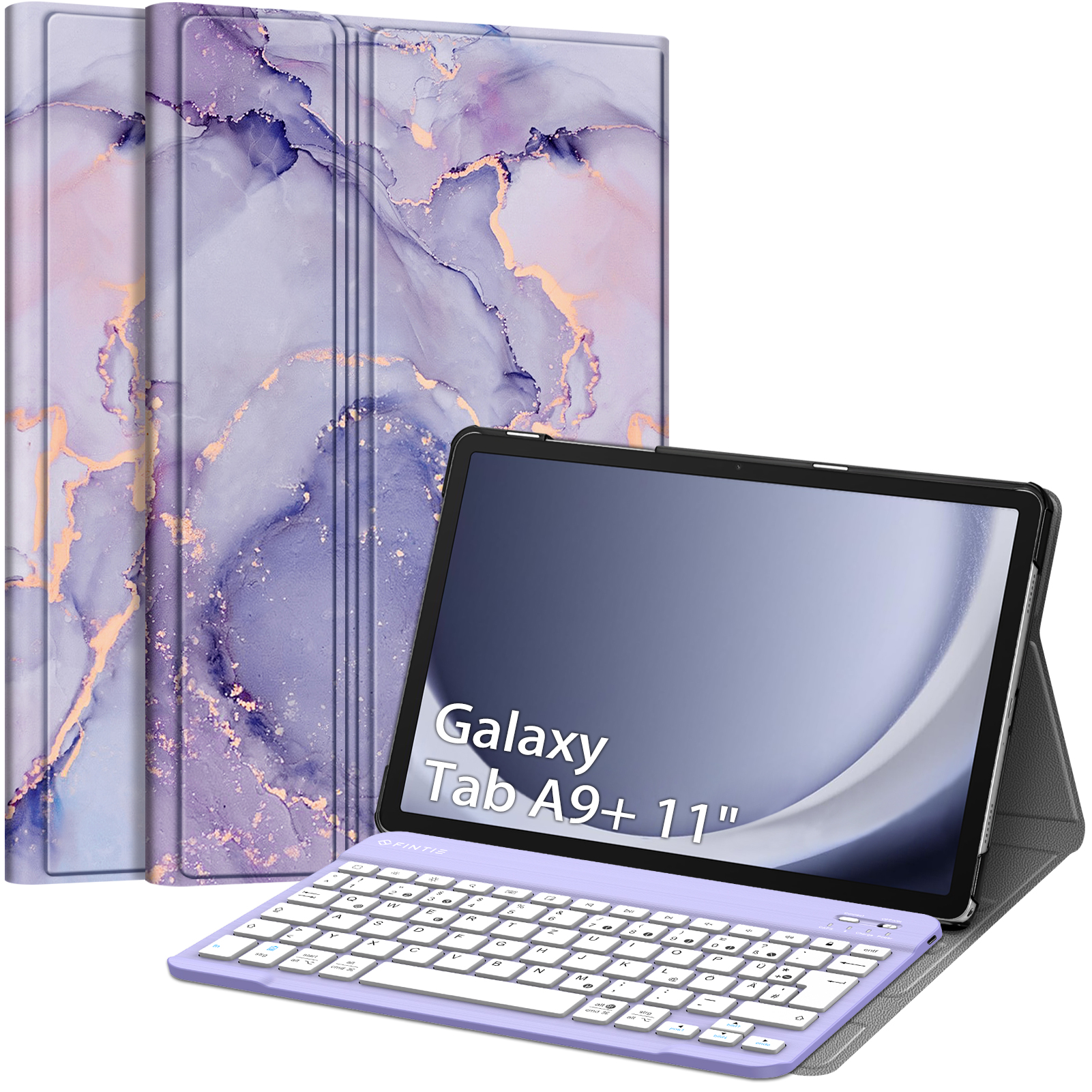 Tablet mit Lavendelfarbenem Cover und Tastatur, offen, mit lila Marmormuster-Hülle dahinter.