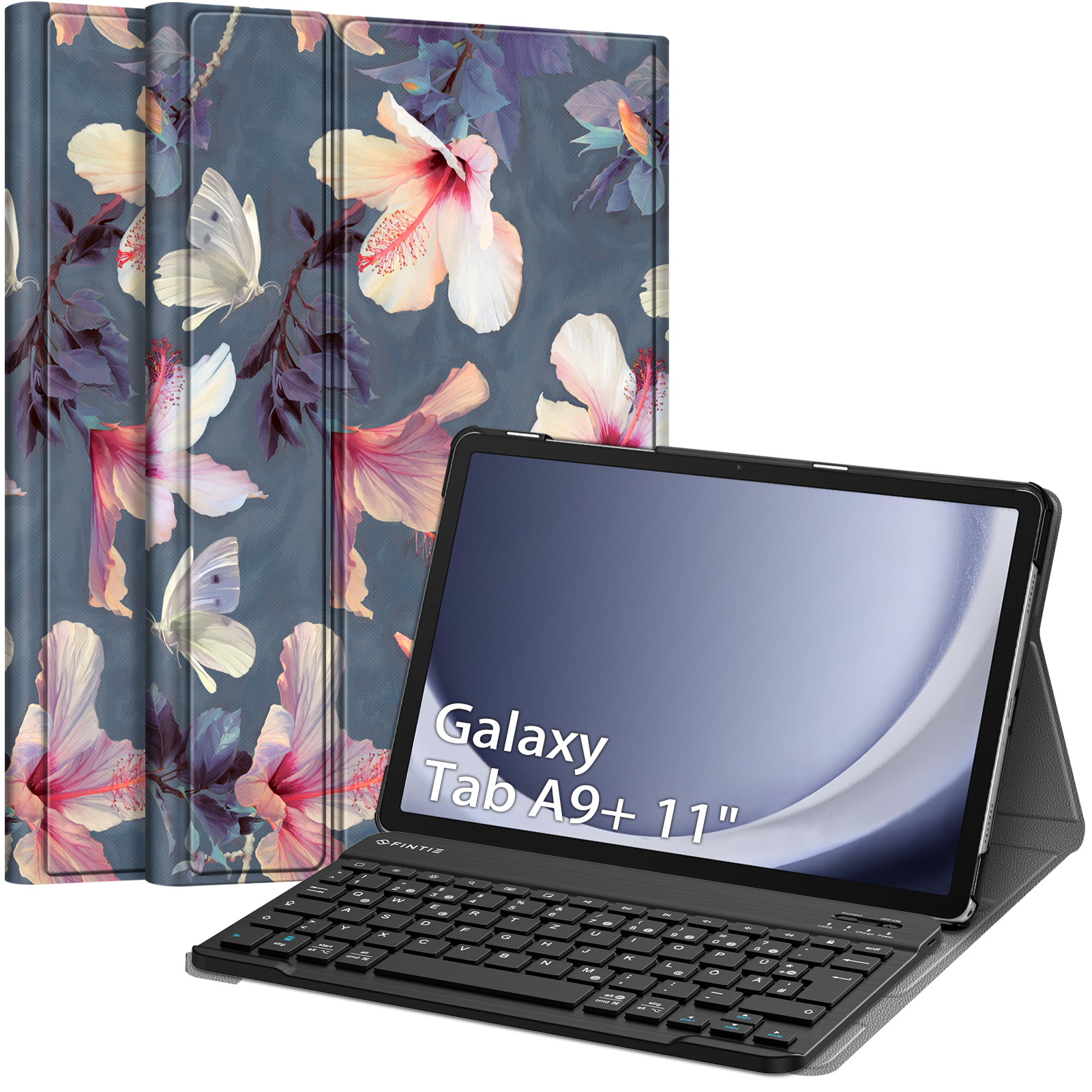 Ein Tablet mit einer Tastaturhülle mit Blumendruck liegt auf einer weißen Oberfläche.