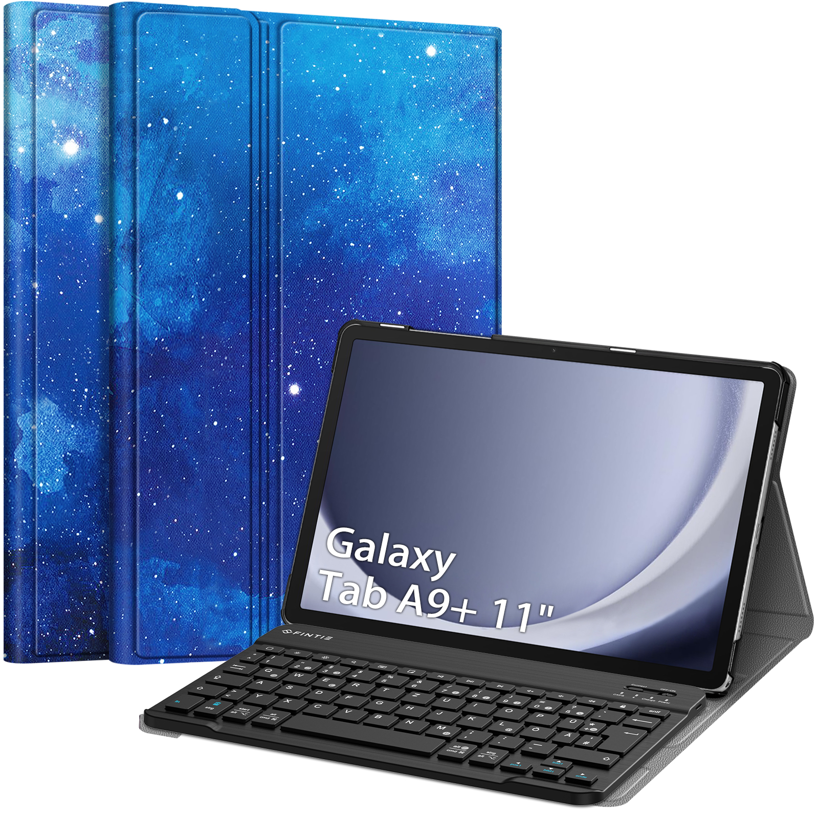 Tablet mit Tastatur und Hülle. Blaues Sternendesign auf der Hülle. Weißer Hintergrund.