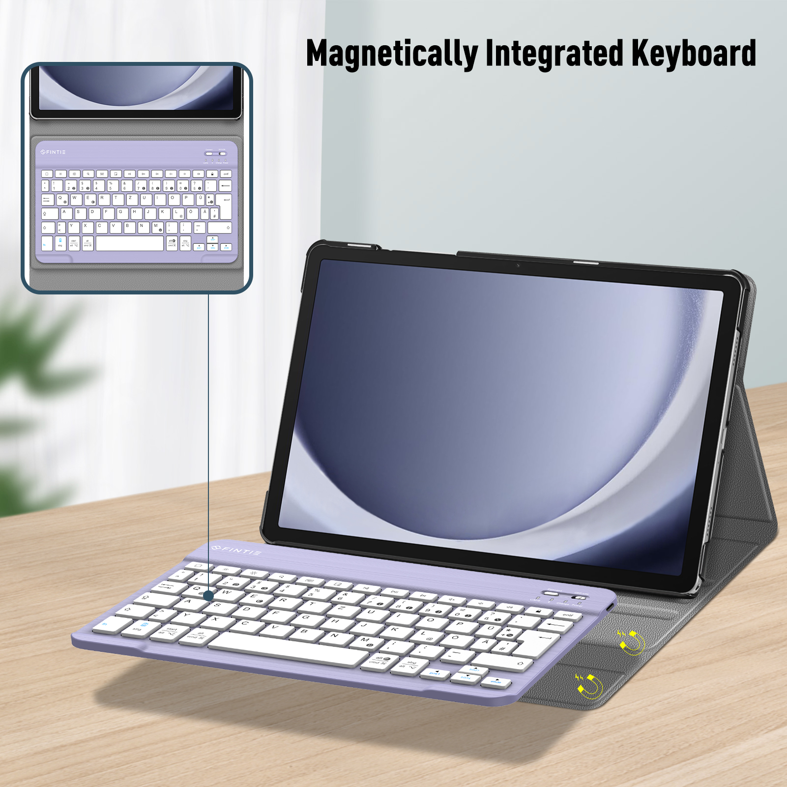 Tablet mit Tastaturhülle. Tastatur magnetisch am Tablet befestigt, lila Farbe.