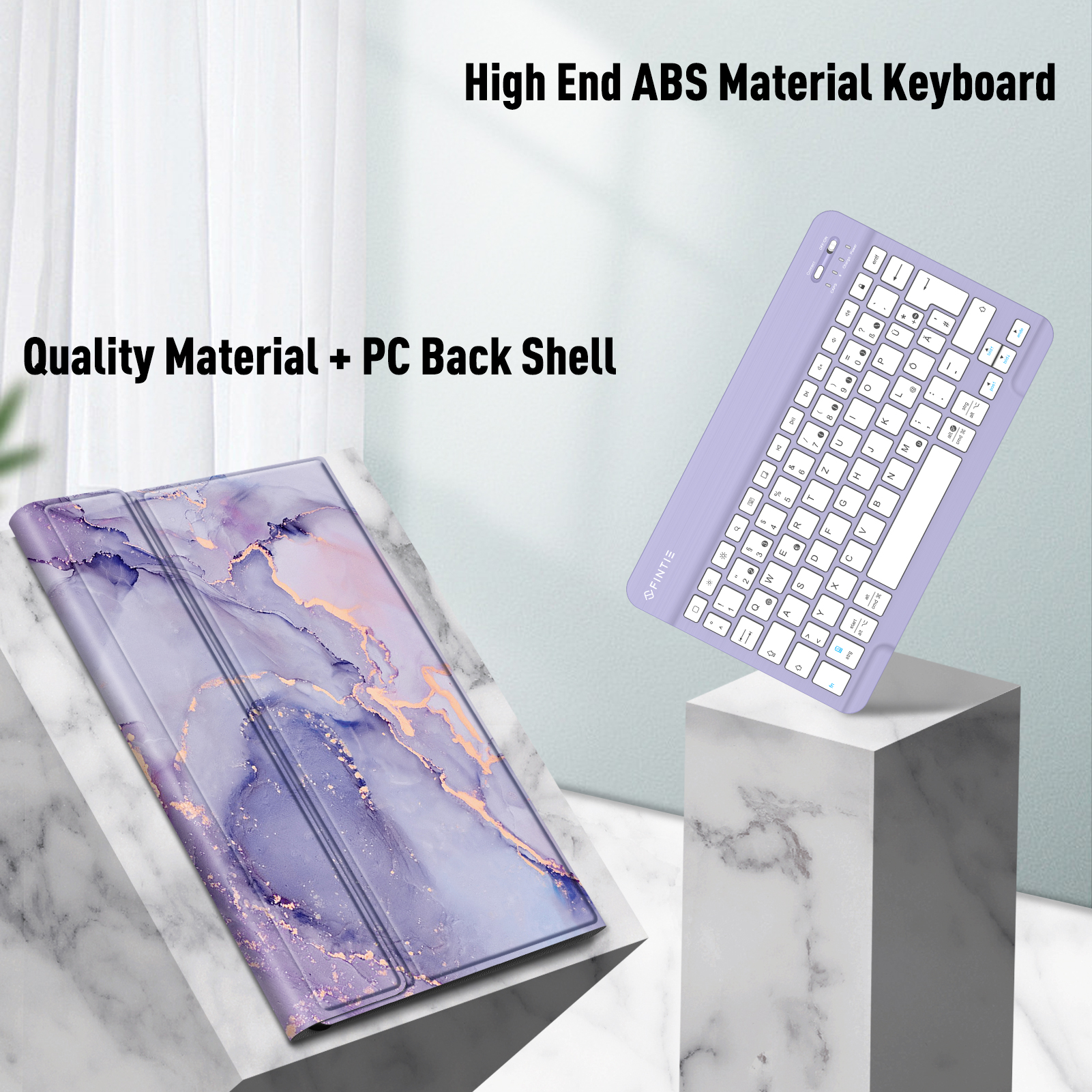 Lila Tastatur und Tablet-Hülle auf Marmoroberflächen. Text: Qualitätsmaterial, High End ABS-Material.