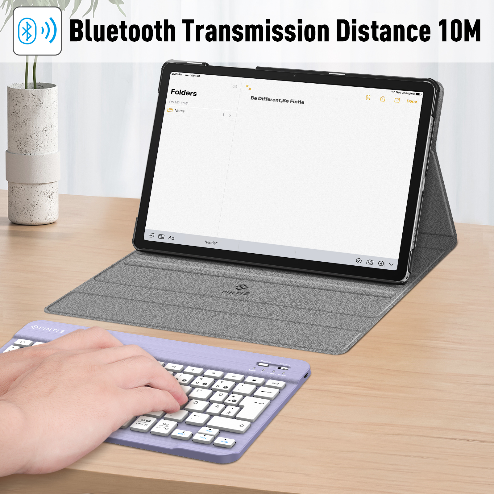 Tablet mit Tastatur, Notizen-App, Bluetooth-Übertragungsreichweite 10 m.