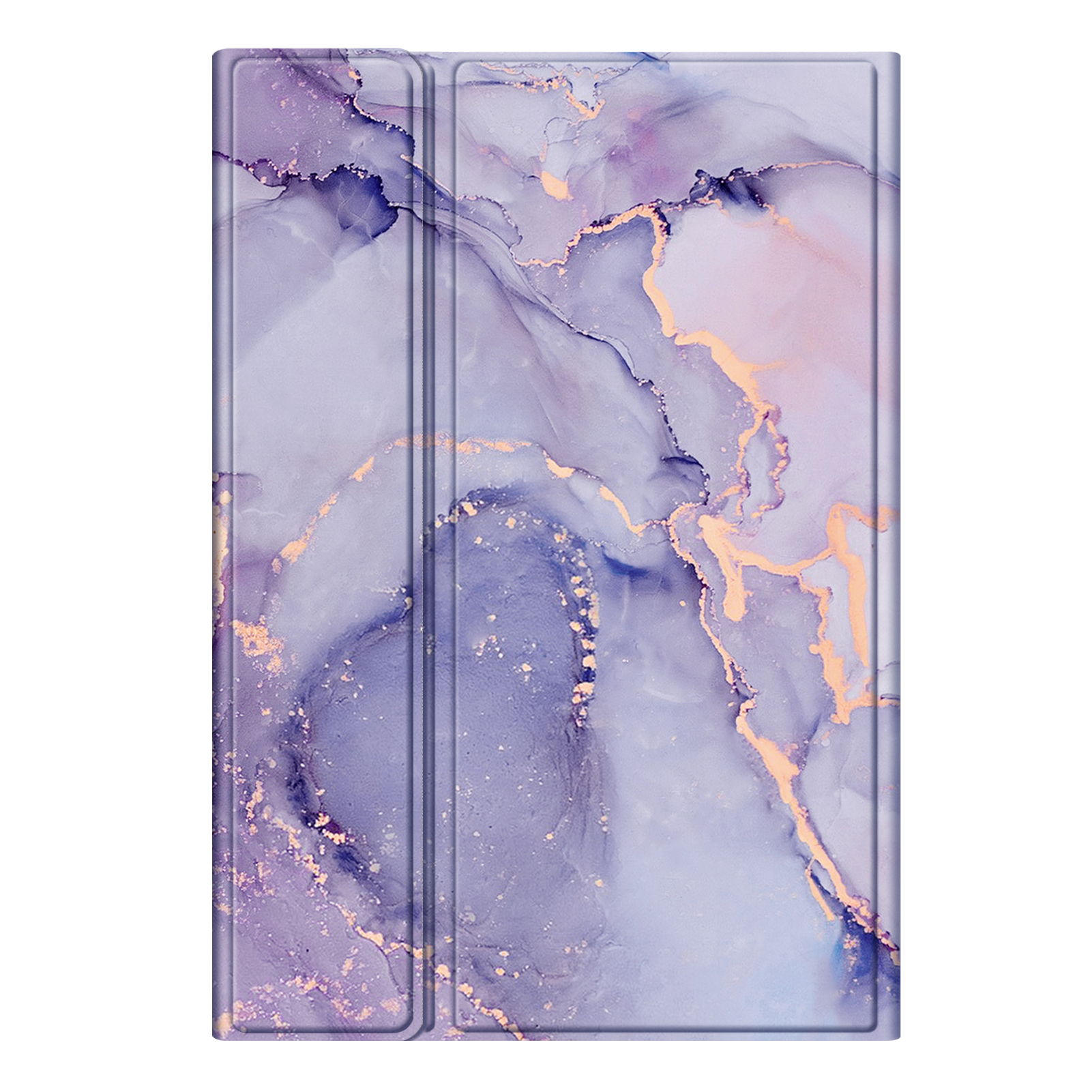 Tablet-Hülle mit lila-goldfarbenem Marmordesign.