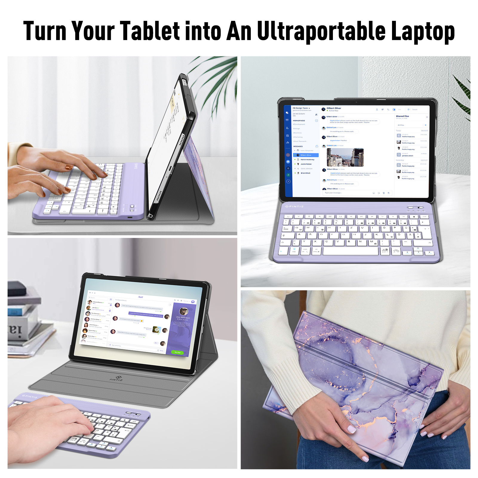 Tablet mit Tastaturhülle und Stift in verschiedenen Einstellungen.