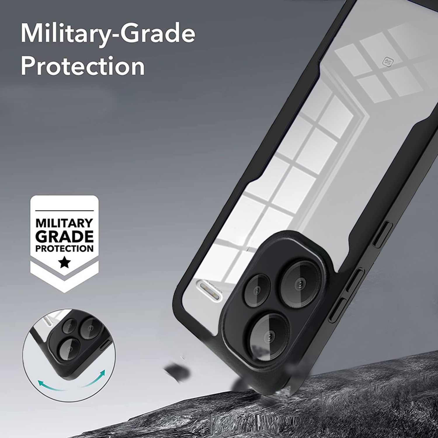 Handyhülle mit militärischem Schutz, schwarz und transparent, mit Schutzsymbolen.