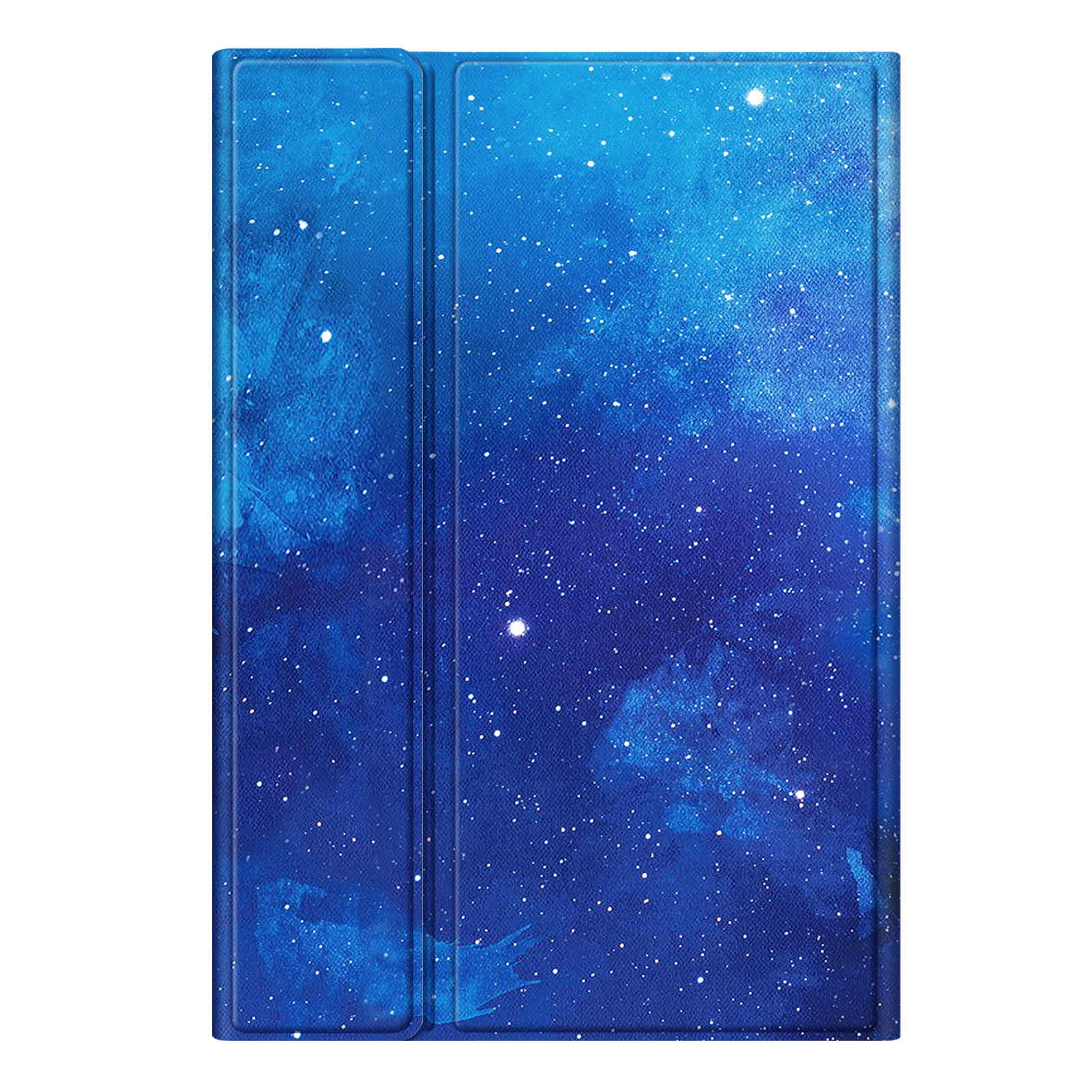 Blaue Tablethülle auf Weiß. Die Hülle hat ein Sternenhimmel-Design.
