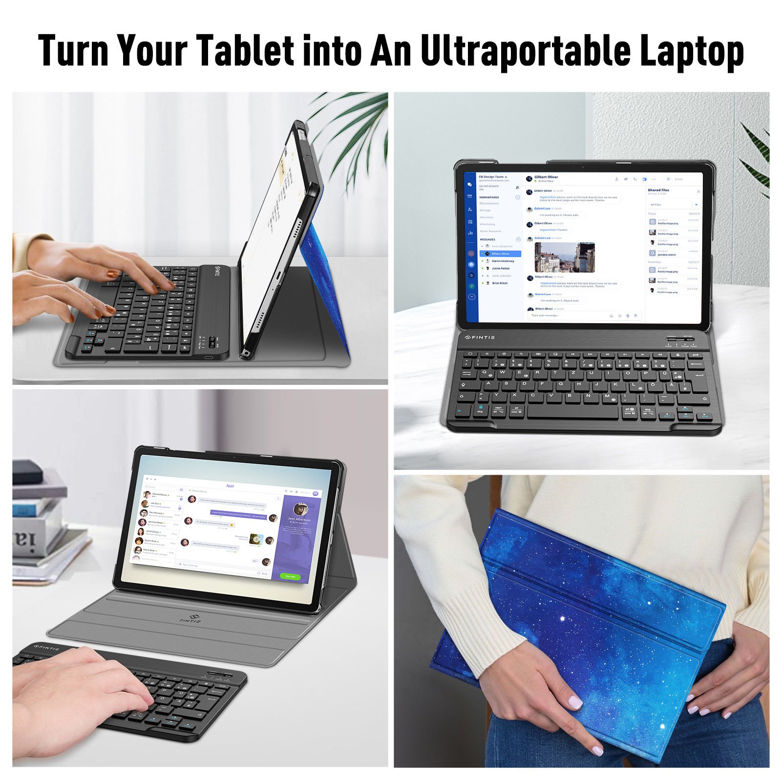 Vier Bilder, die ein Tablet zeigen, das als Laptop mit Tastatur und Hülle verwendet wird.