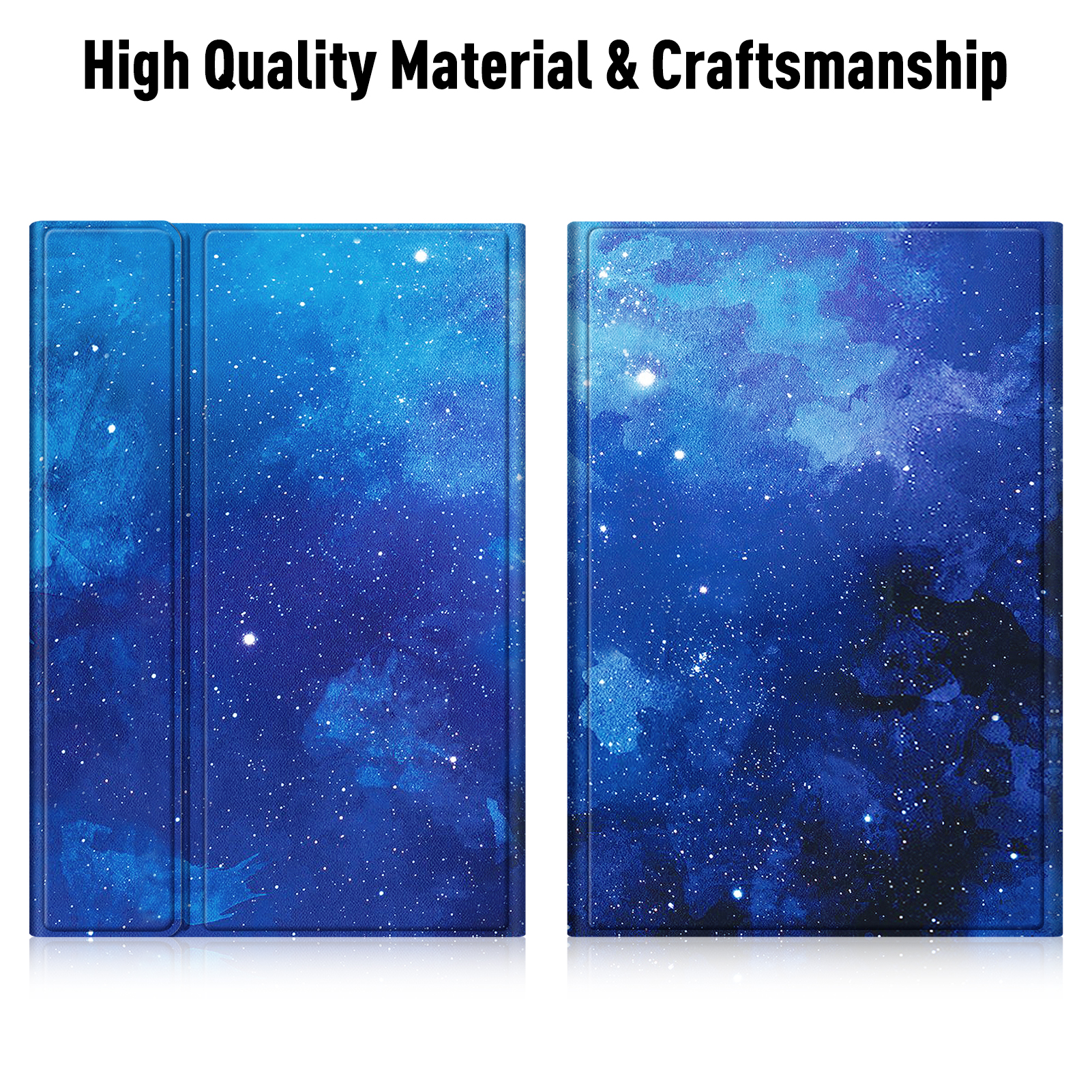 Blauer Bucheinband mit Sternenhimmel-Design. Text: Hochwertiges Material & Handwerkskunst.