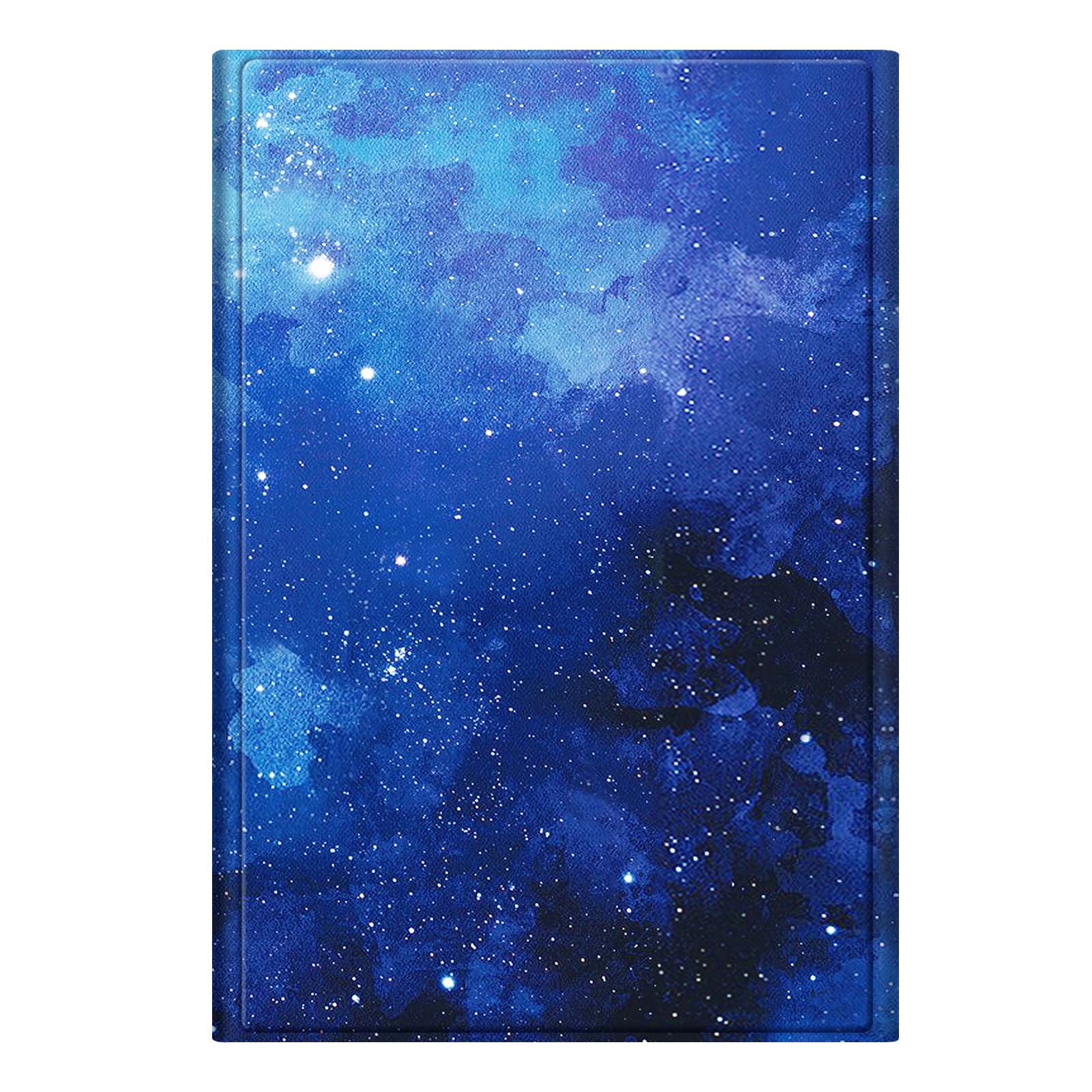 Ein geschlossenes blaues Tabletetui mit einem Sternenhimmel-Design.