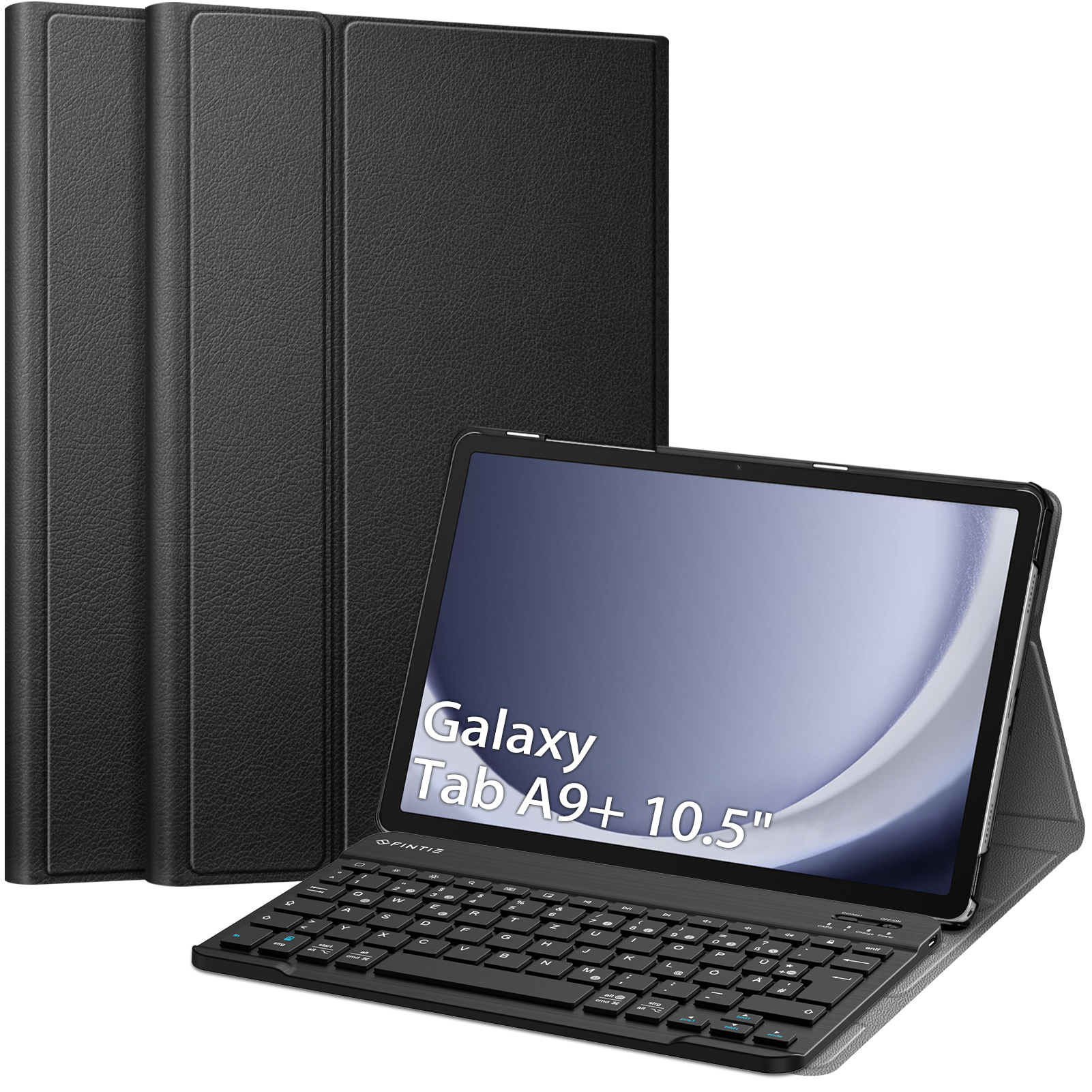 Tablet mit Tastaturhülle. Schwarze Hülle und Tastatur. Das Tablet zeigt 'Galaxy Tab A9+ 10.5'.