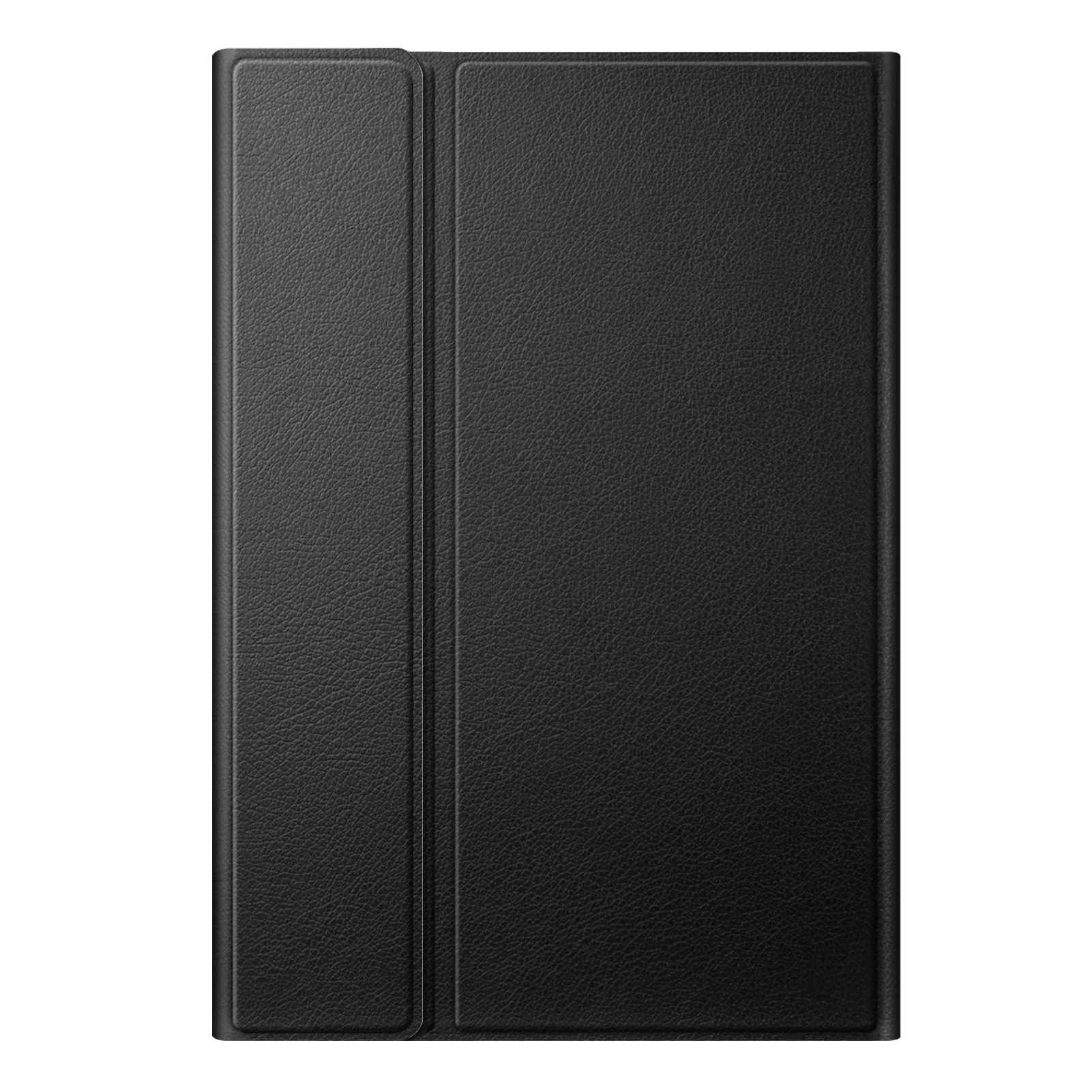 Schwarzes Leder-Tablet-Etui, geschlossen, auf weißem Hintergrund.
