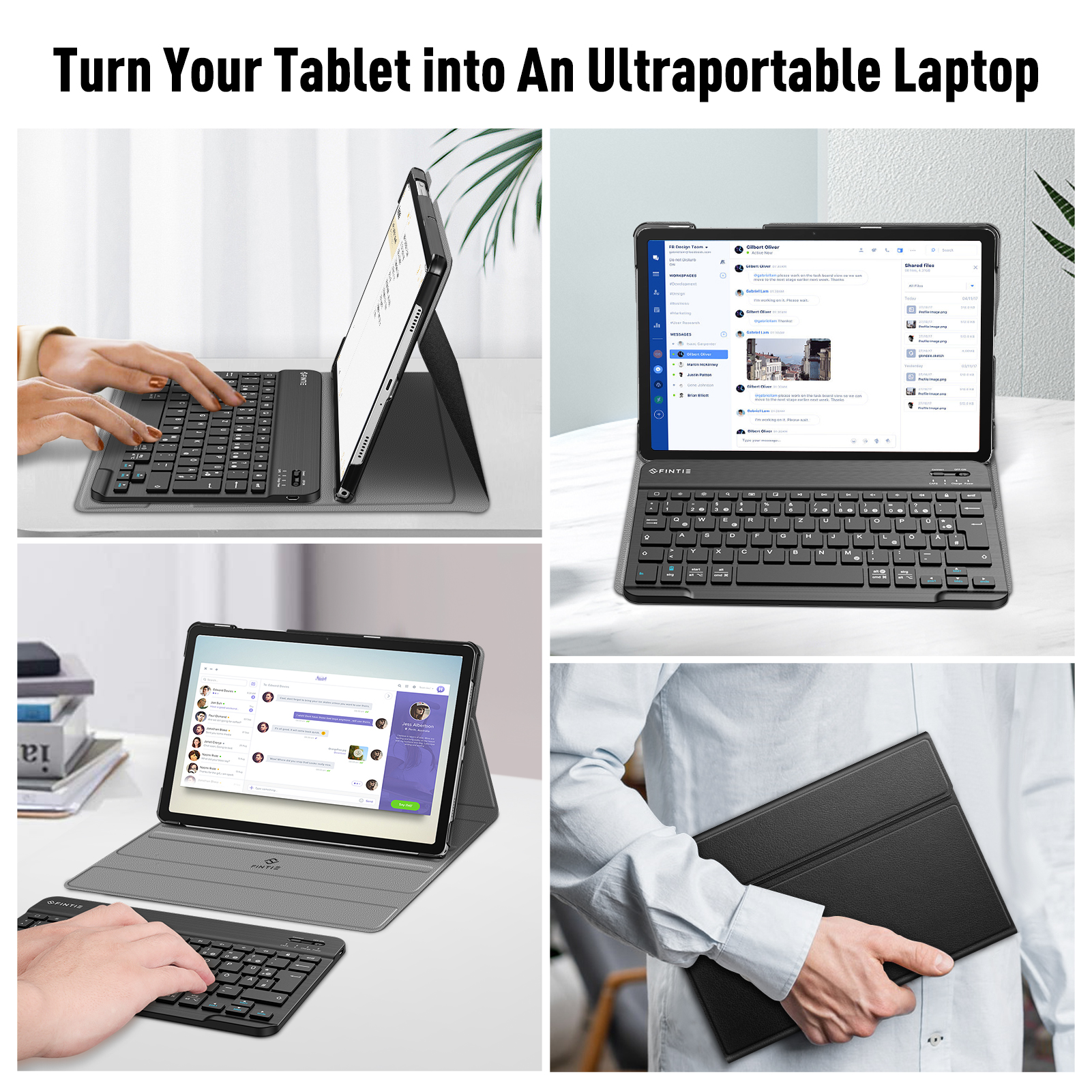 Vier Bilder, die ein Tablet mit einer Tastaturhülle in verschiedenen Anwendungsfällen zeigen.