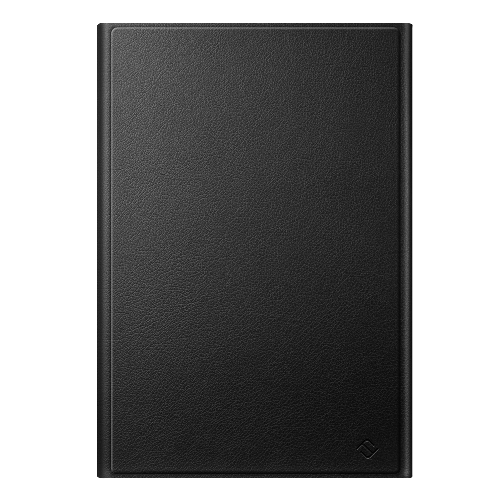 Schwarze Tablet-Hülle aus Leder, schlicht mit dezentem Logo in der rechten unteren Ecke.