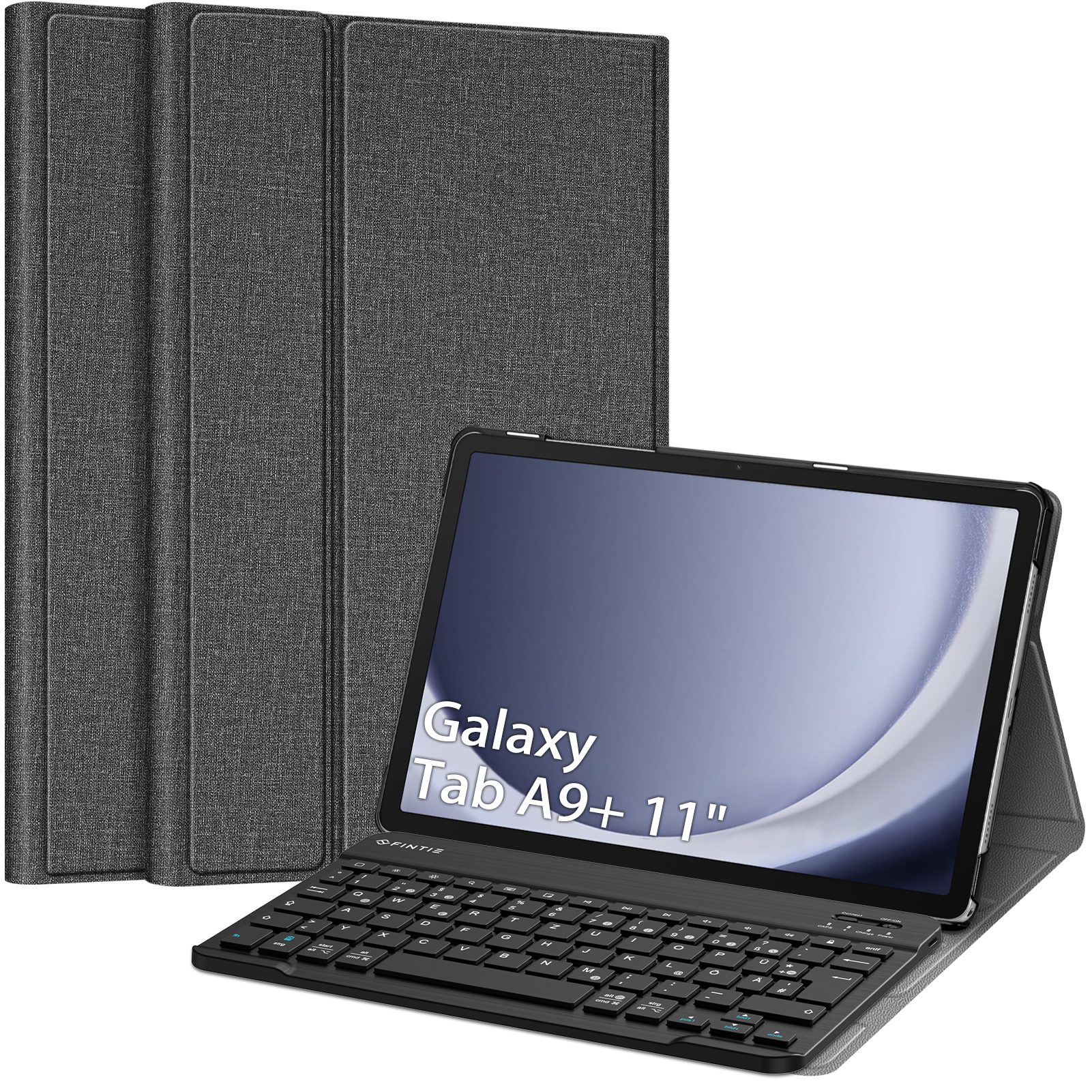 Tablet mit Tastaturhülle und drei zusätzlichen Abdeckungen. Alles in grauer Stoffstruktur.