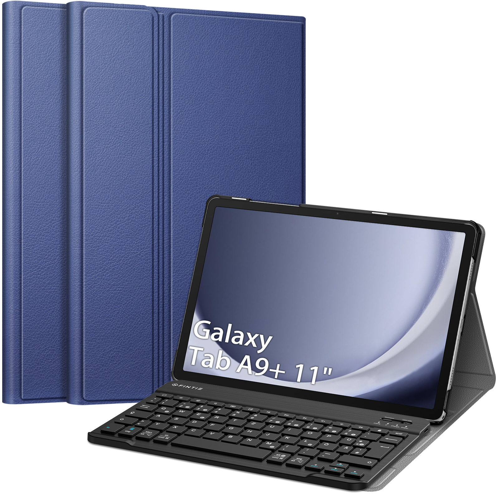 Eine blaue Tablethülle mit einem Tablet. Das Tablet hat eine Tastatur und einen Bildschirm.