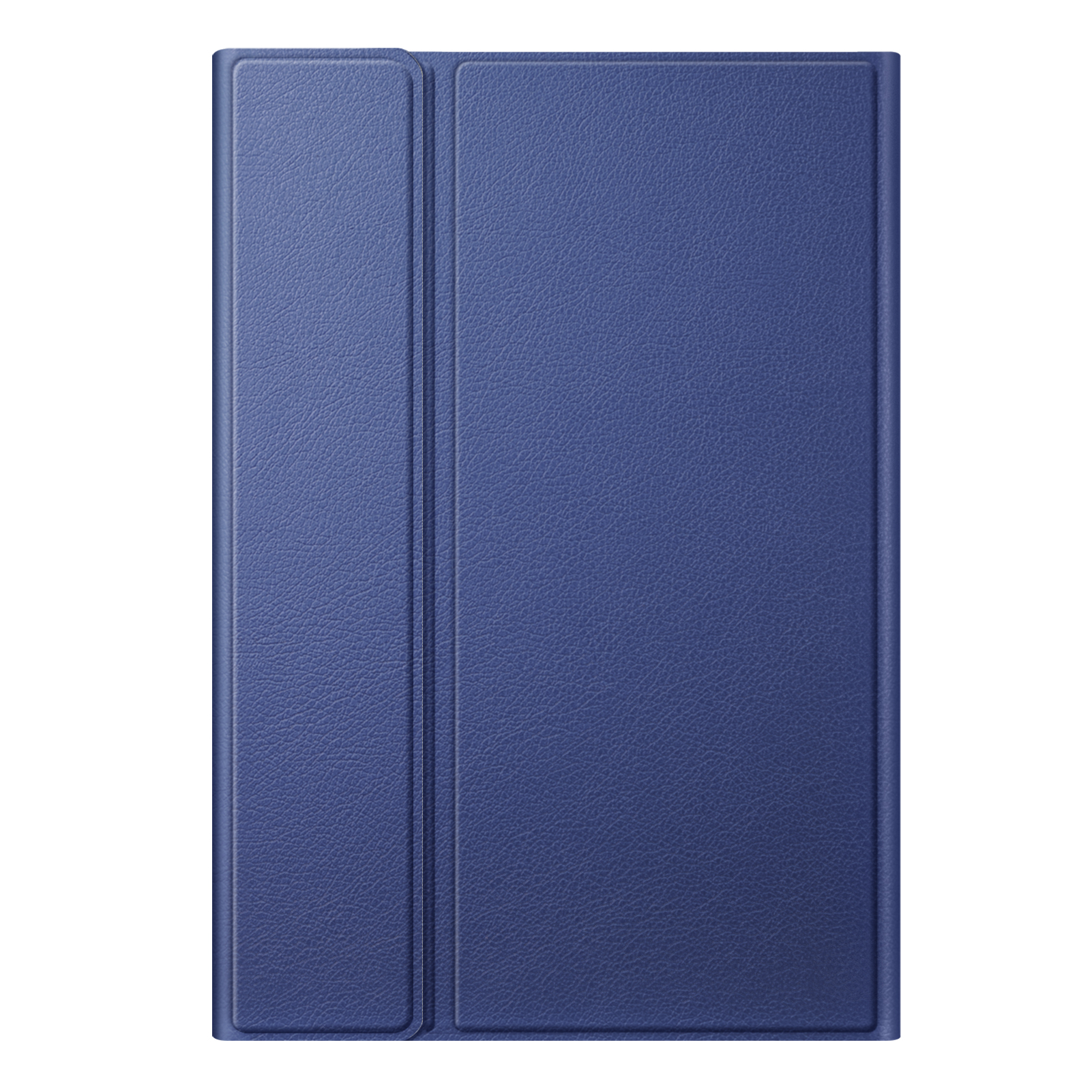 Eine geschlossene blaue Tablethülle mit Lederstruktur.