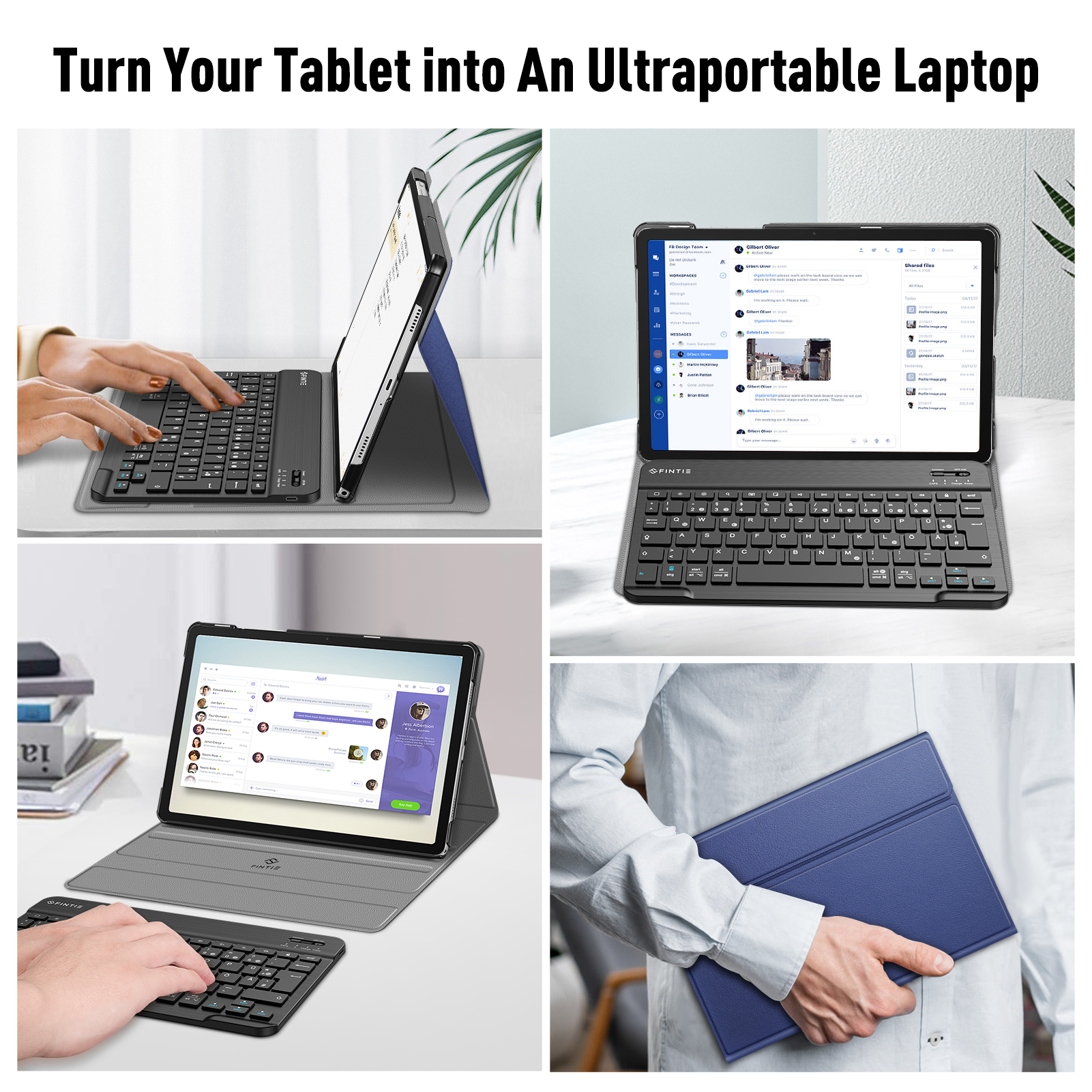 Vier Bilder, die Tablets mit Tastaturzubehör zeigen, die sich in Laptops verwandeln.