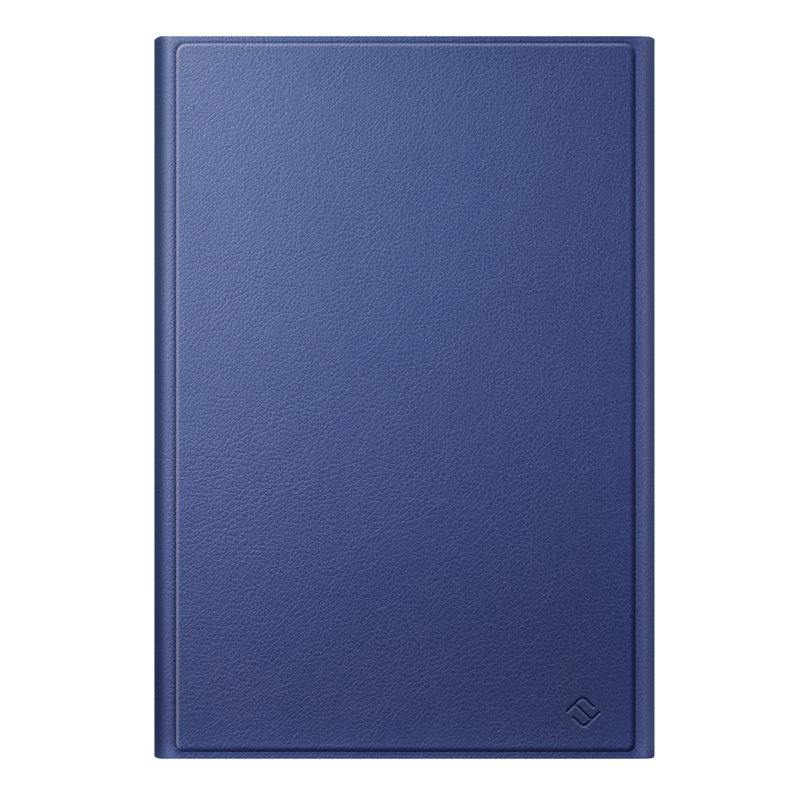 Eine blaue Tablet-Hülle aus Leder. Die Hülle hat ein schlichtes Design mit einem dezenten Logo.