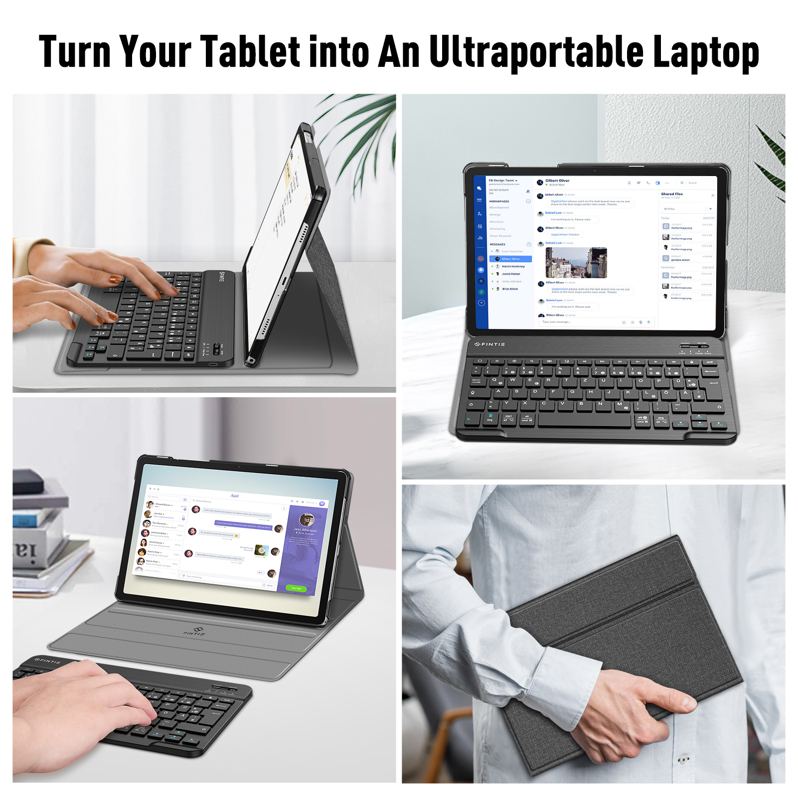Bilder, die ein Tablet mit einer Tastaturhülle zeigen, das in verschiedenen Umgebungen als Laptop verwendet wird.