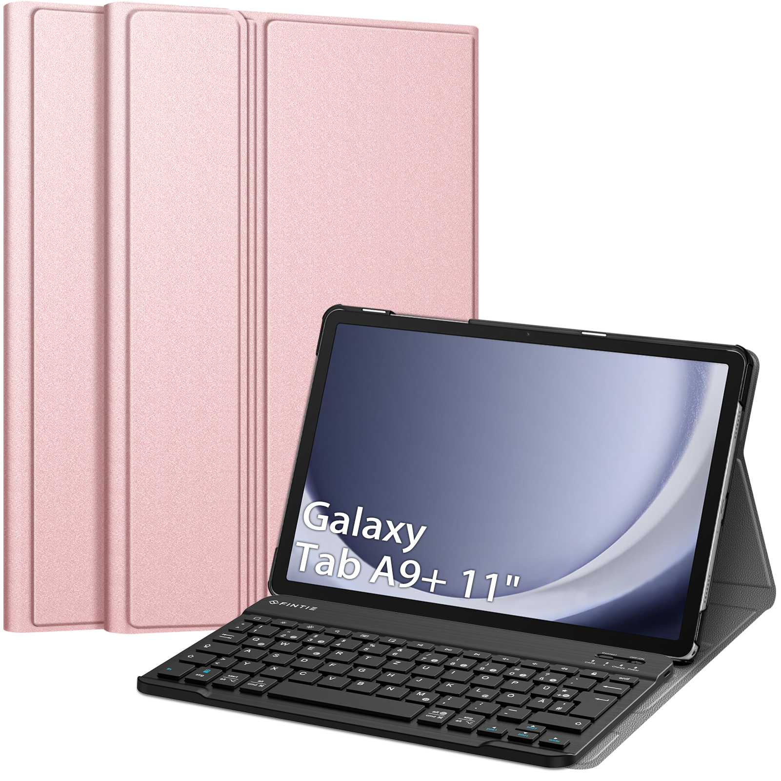 Rosa Tablet-Hülle mit schwarzem Tablet, das eine Tastatur zeigt. Weißer Hintergrund.