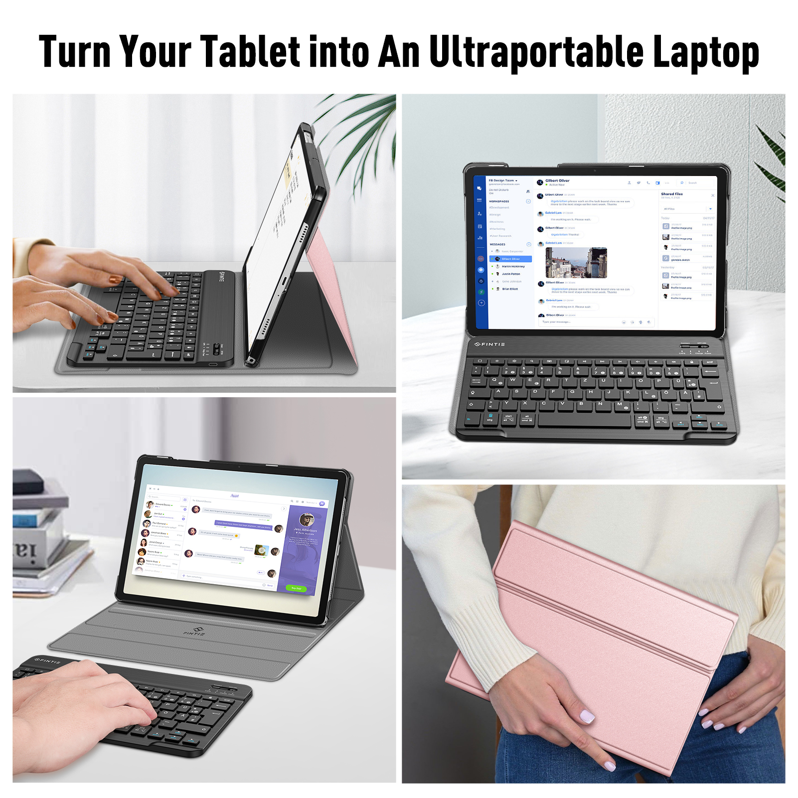 Ein Tablet mit Tastaturhülle in vier Szenen, die verschiedene Nutzungsszenarien zeigen.