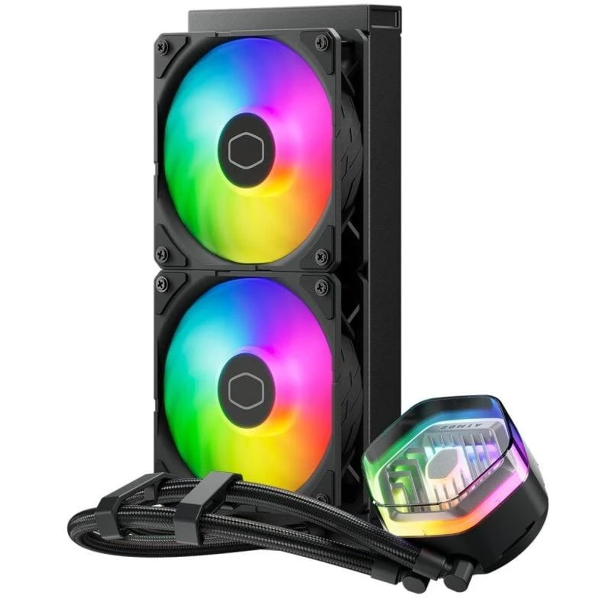 Enfriador líquido de PC con dos ventiladores coloridos y una bomba con pantalla.