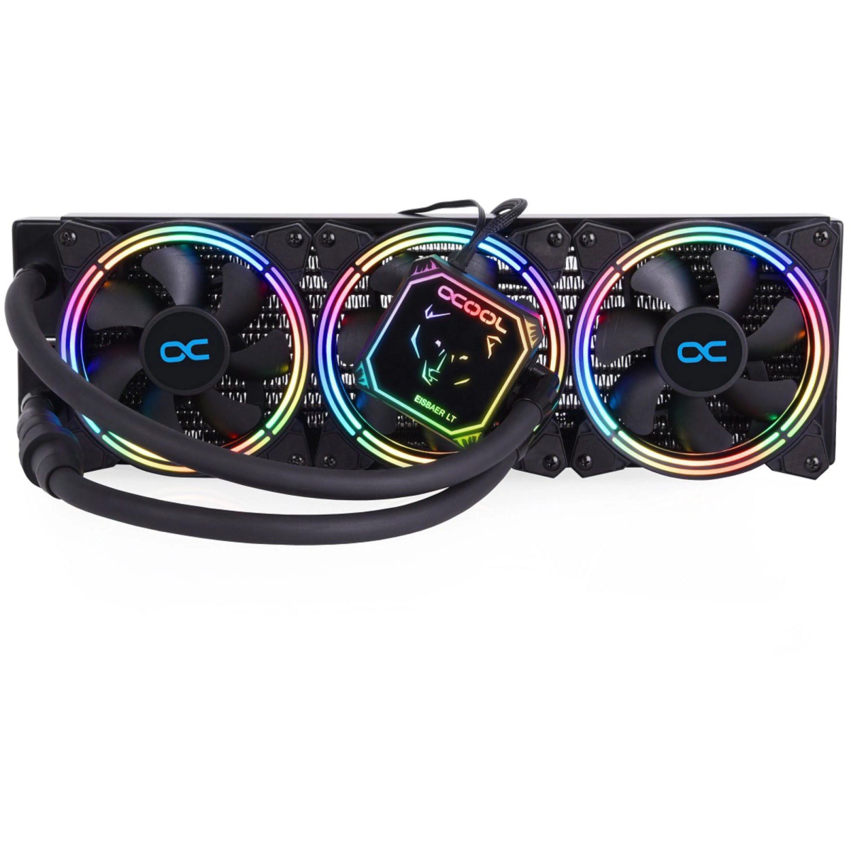 Dissipatore nero con tre ventole con luci RGB. Un logo è al centro.