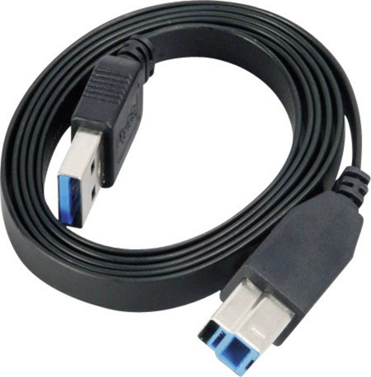 Cavo USB 3.0 nero arrotolato, con estremità del connettore blu.