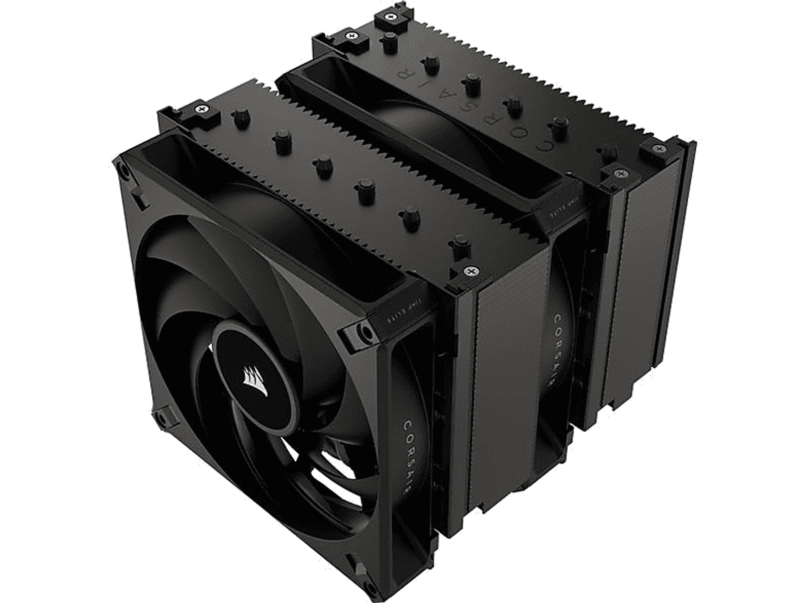 Czarna chłodnica procesora z dwoma wentylatorami i logo Corsair. Ma kwadratowy kształt.