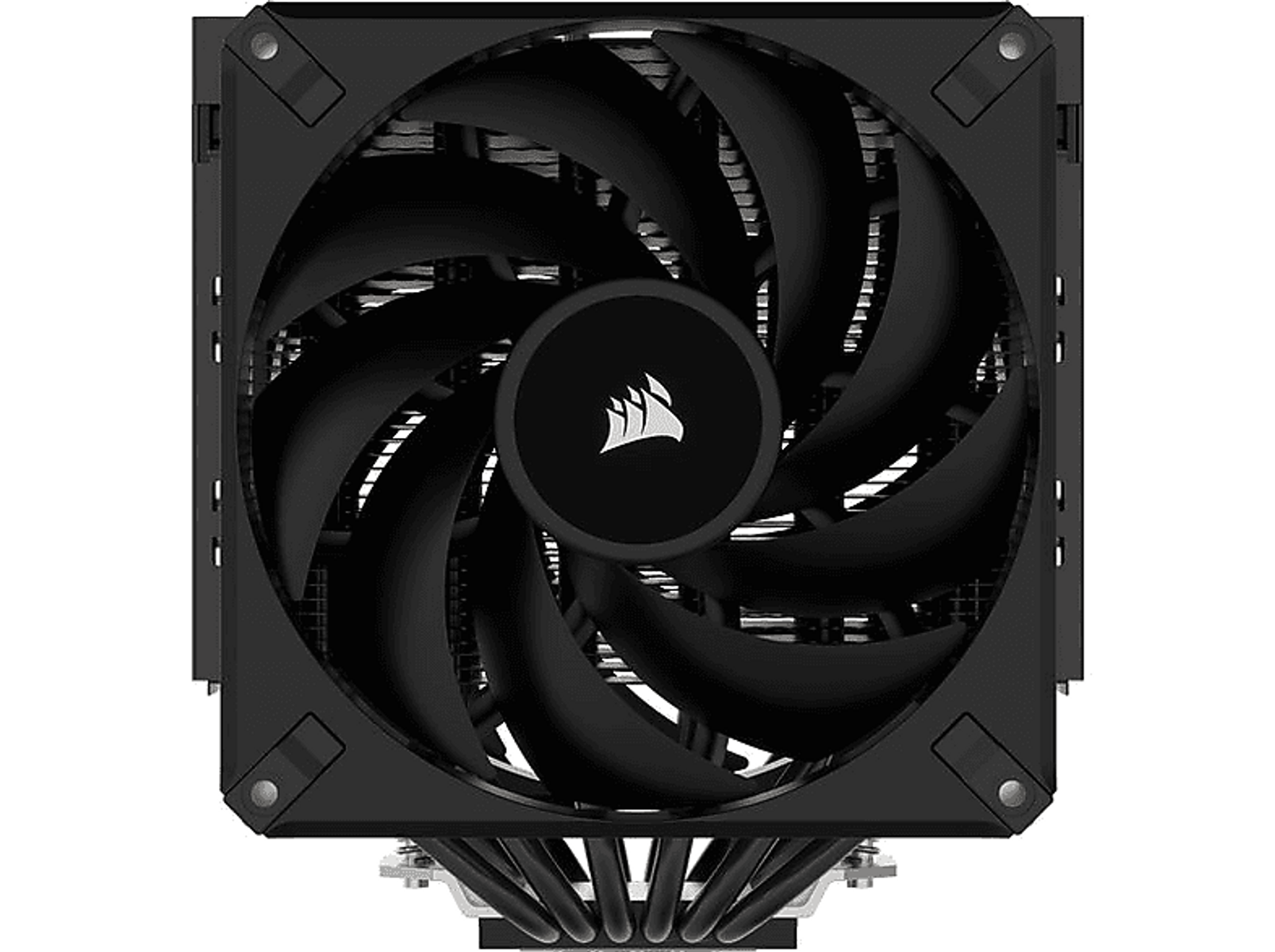 Widok z góry na czarną chłodnicę procesora z wentylatorem i logo Corsair, czarne łopatki wentylatora.