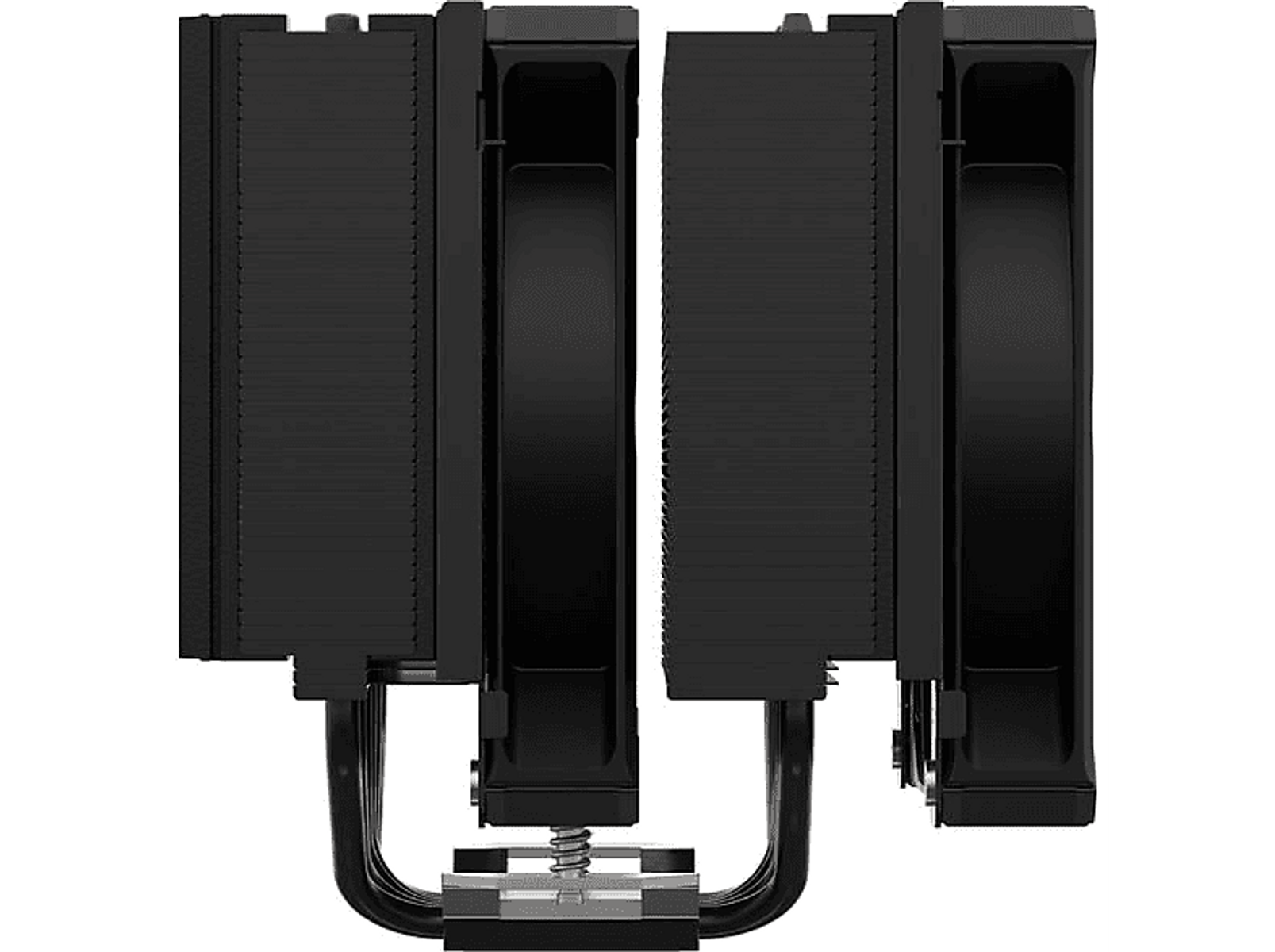 Czarny cooler CPU z dwoma wentylatorami. Widok z boku, pokazujący żebra i wspornik montażowy.