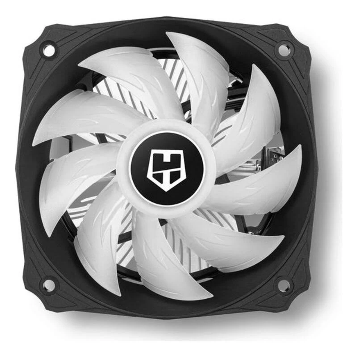Czarno-biały wentylator komputerowy. Posiada białe łopatki i centralne czarne logo.
