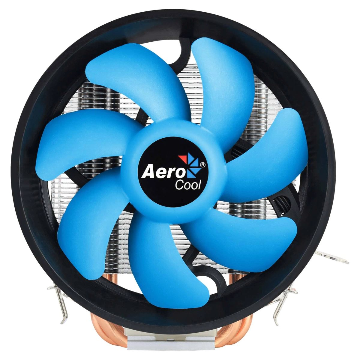 Un dissipatore CPU con pale blu e telaio nero. Ha il logo AeroCool al centro.