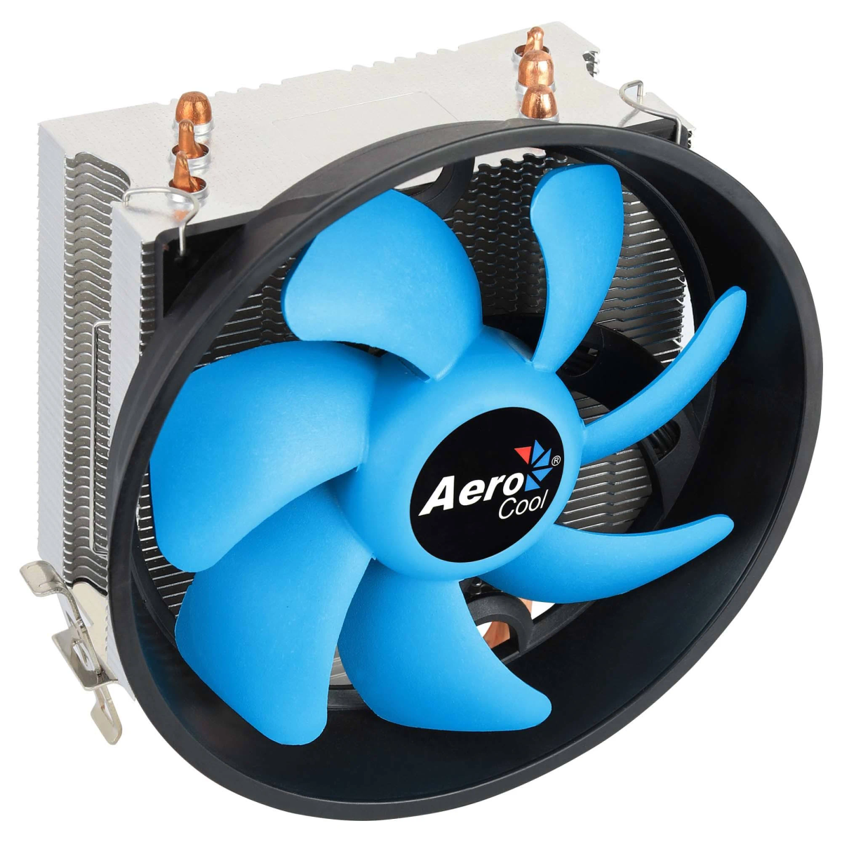 Ventola di raffreddamento con pale blu e telaio nero. Dissipatore di calore argentato dietro.