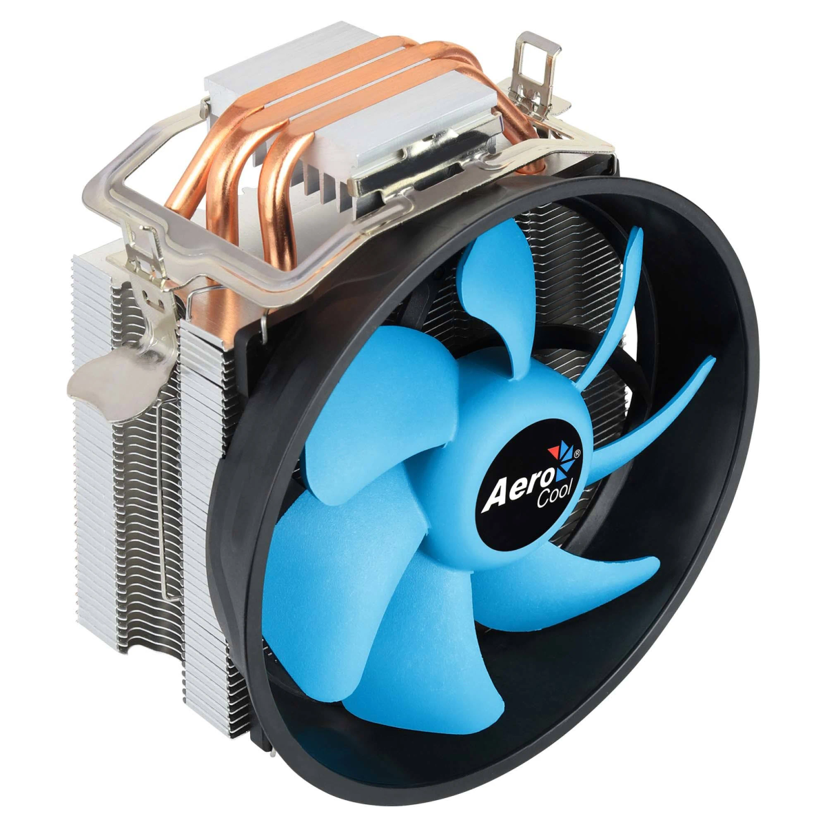 Dissipatore CPU AeroCool con ventola blu e tubi di calore in rame.