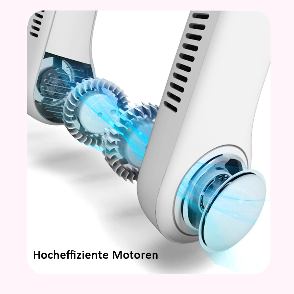Weißer Nackenventilator mit sichtbarem blauem Innenmechanismus.