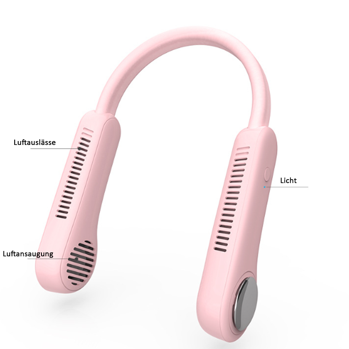 Rosa Nackenventilator mit Luftauslässen, Lichtknopf und Ladeanschluss. Beschriftet mit 'Luftauslässe' und 'Luftansaugung'.