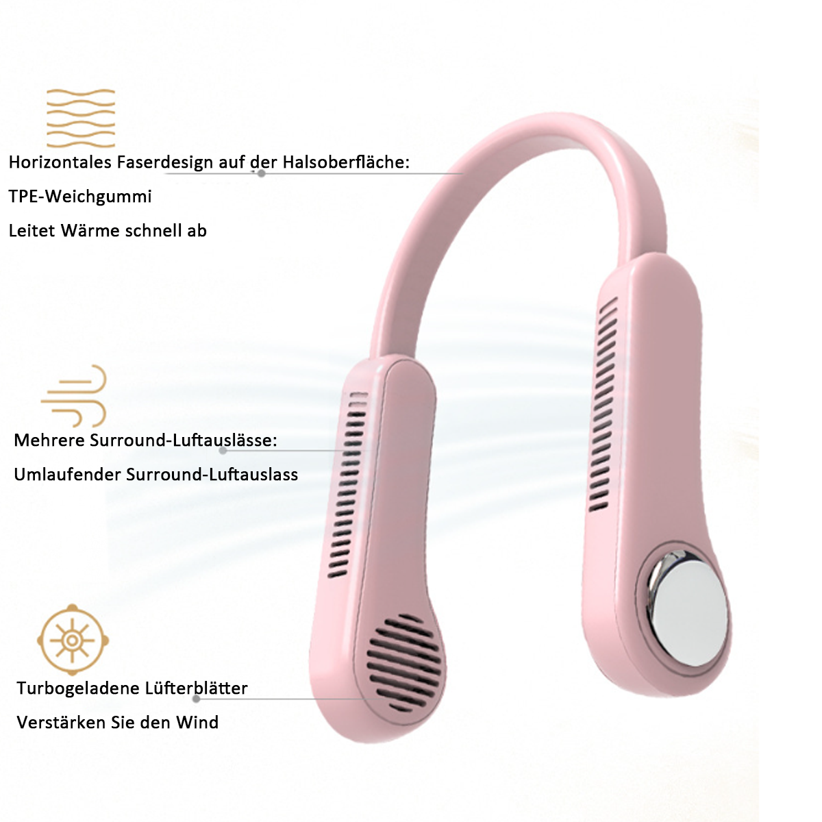 Ein rosa Nackenventilator mit Text, der seine Eigenschaften beschreibt. Es hat Öffnungen und einen weißen Knopf.