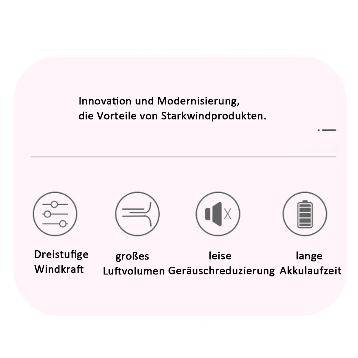Textgrafik mit Symbolen, die Produktmerkmale erklären: einstellbarer Wind, großes Luftvolumen, leise.