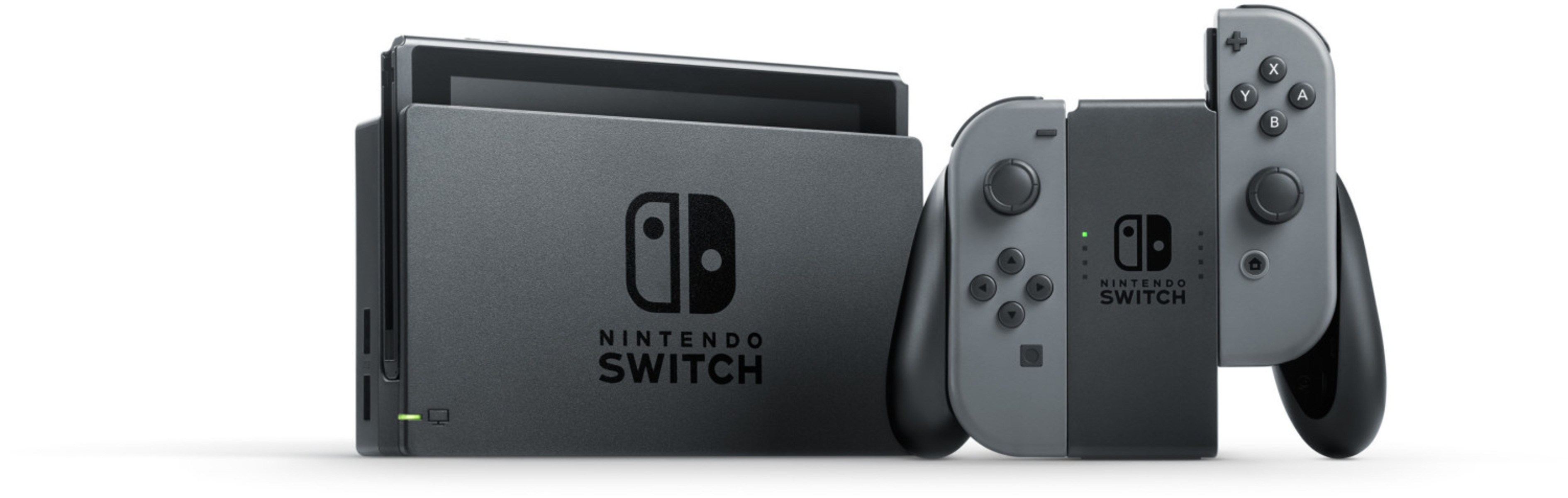 Zestaw Nintendo Switch z konsolą i dwoma szaro-czarnymi Joy-Conami, na białym tle.