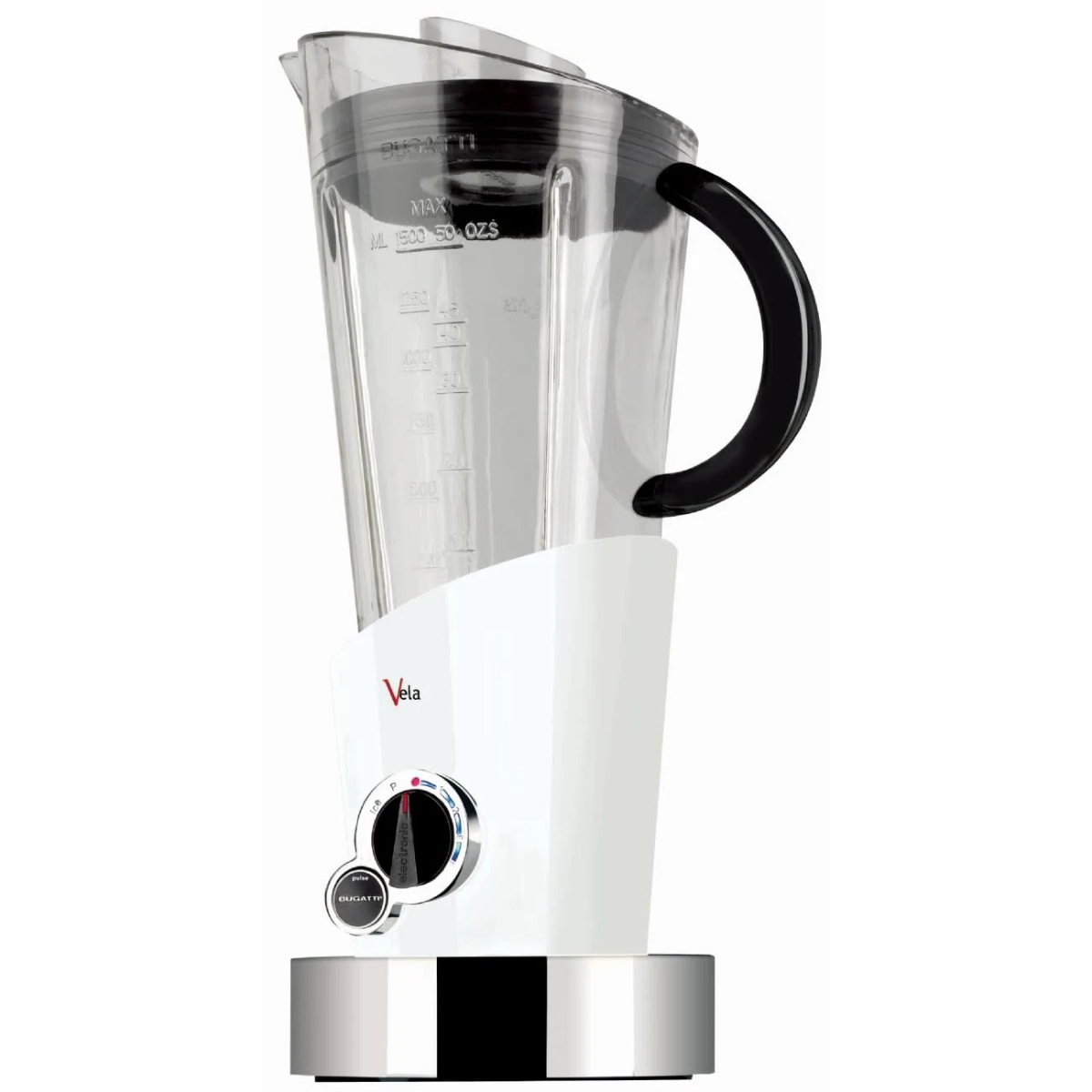 Frullatore bianco e nero con caraffa trasparente e manico nero.