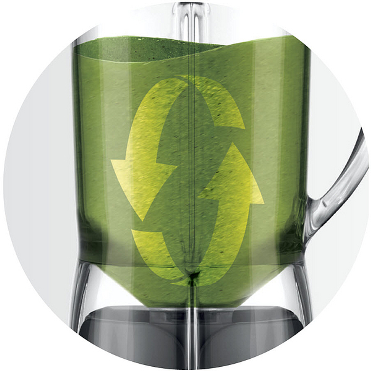 A blender with green liquid and a recycling symbol.