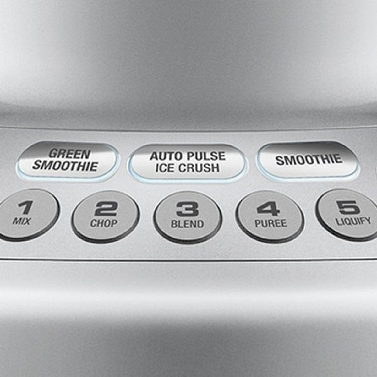 Close-up of a blender's control panel with buttons for smoothies and other functions.