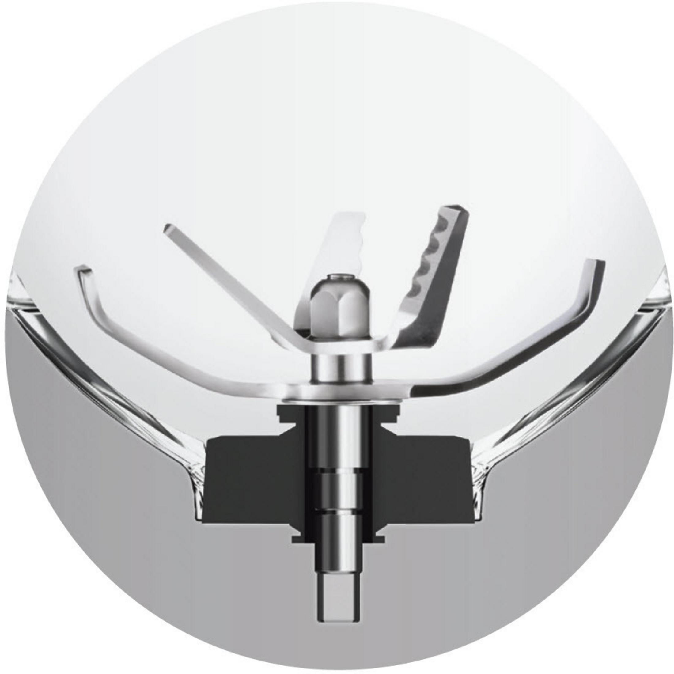 Close-up of blender blades, stainless steel. It is in a round glass container.
