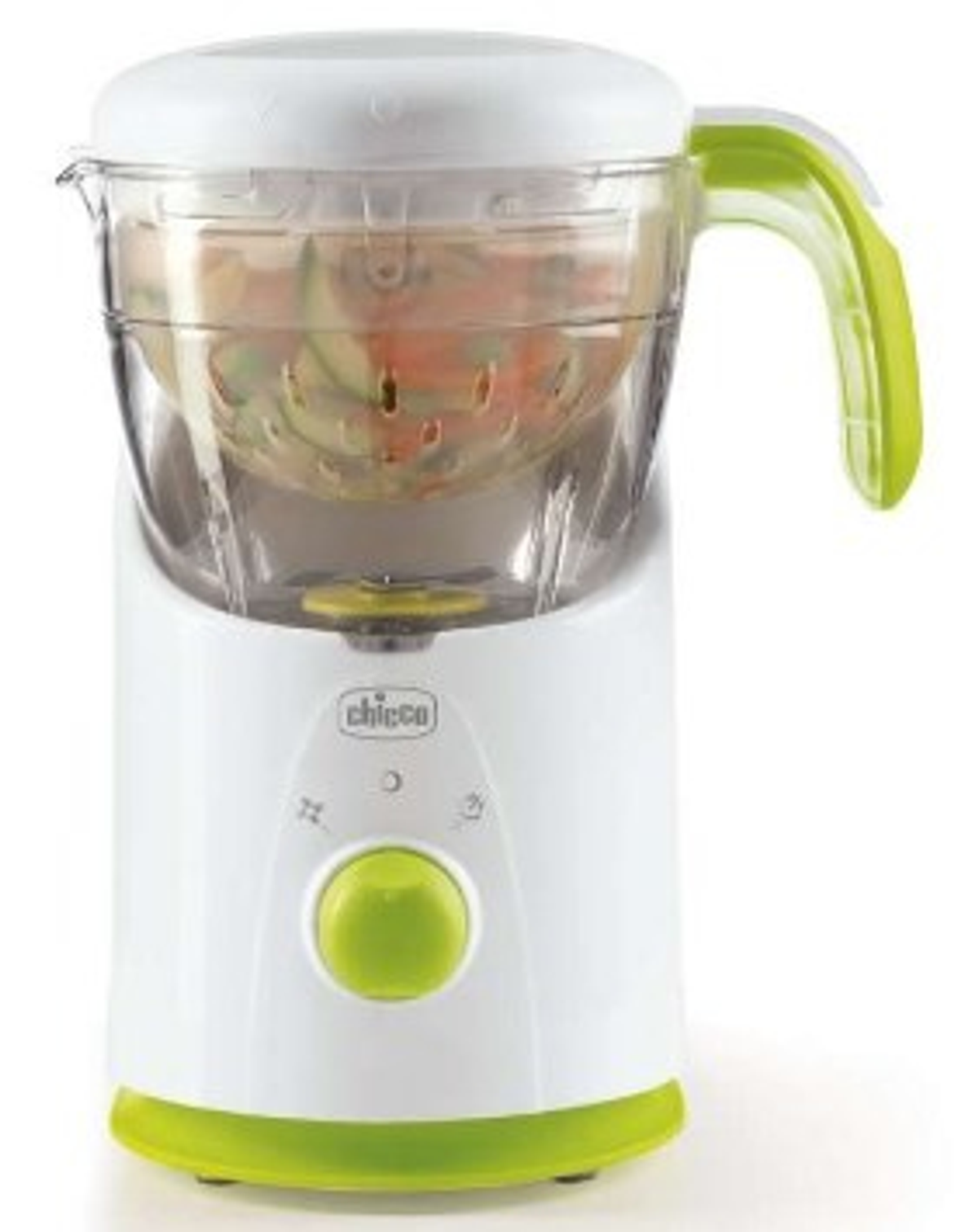 Un frullatore per alimenti per bambini bianco e verde con verdure all'interno.
