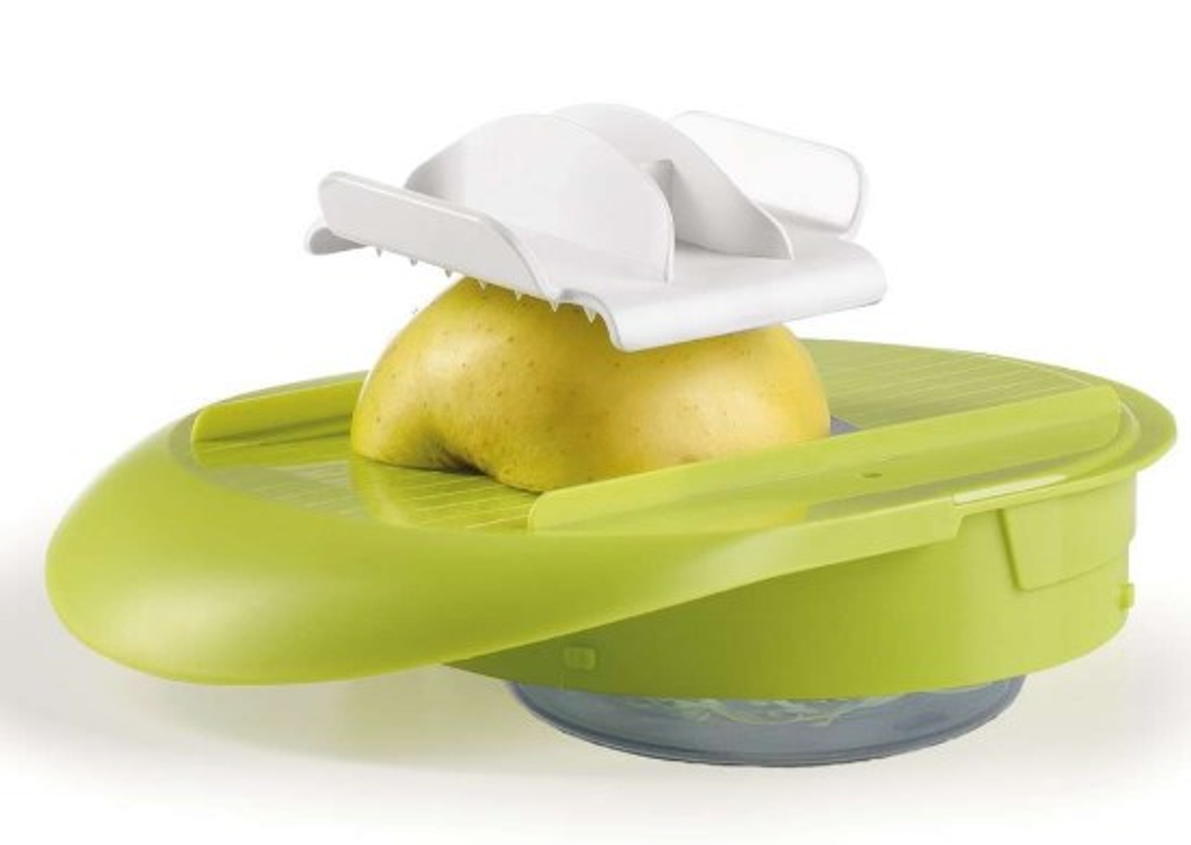 Elettrodomestico da cucina verde e bianco con una patata gialla.