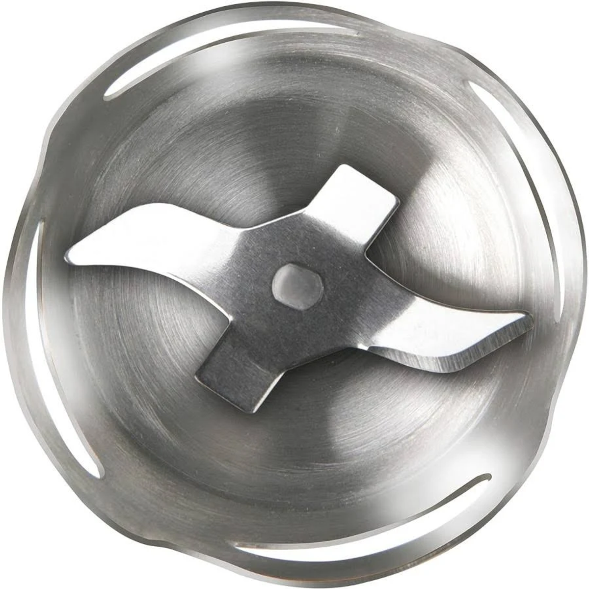 Ostrze blendera, srebrne i w kształcie gwiazdy. Otoczone okrągłą srebrną krawędzią. Izolowane na białym.