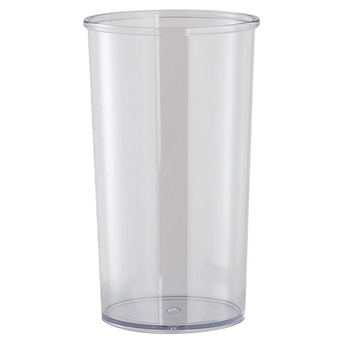 Przezroczysty plastikowy zlewka, wysoka i cylindryczna, z widocznymi oznaczeniami miar na boku.