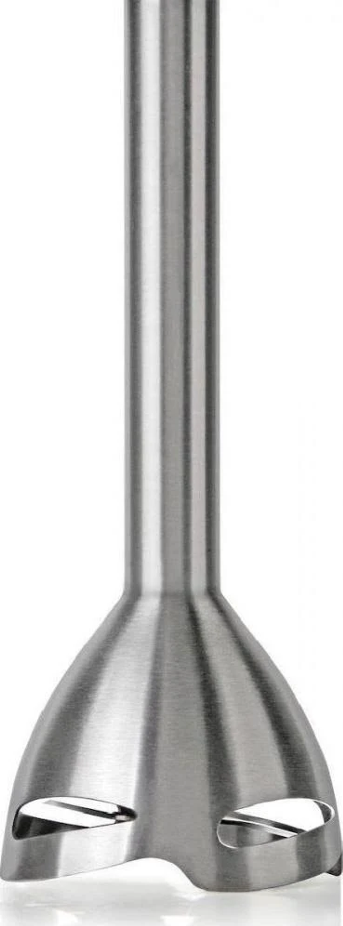 Końcówka blendera zanurzeniowego ze stali nierdzewnej. Jest długa i stożkowata u podstawy.